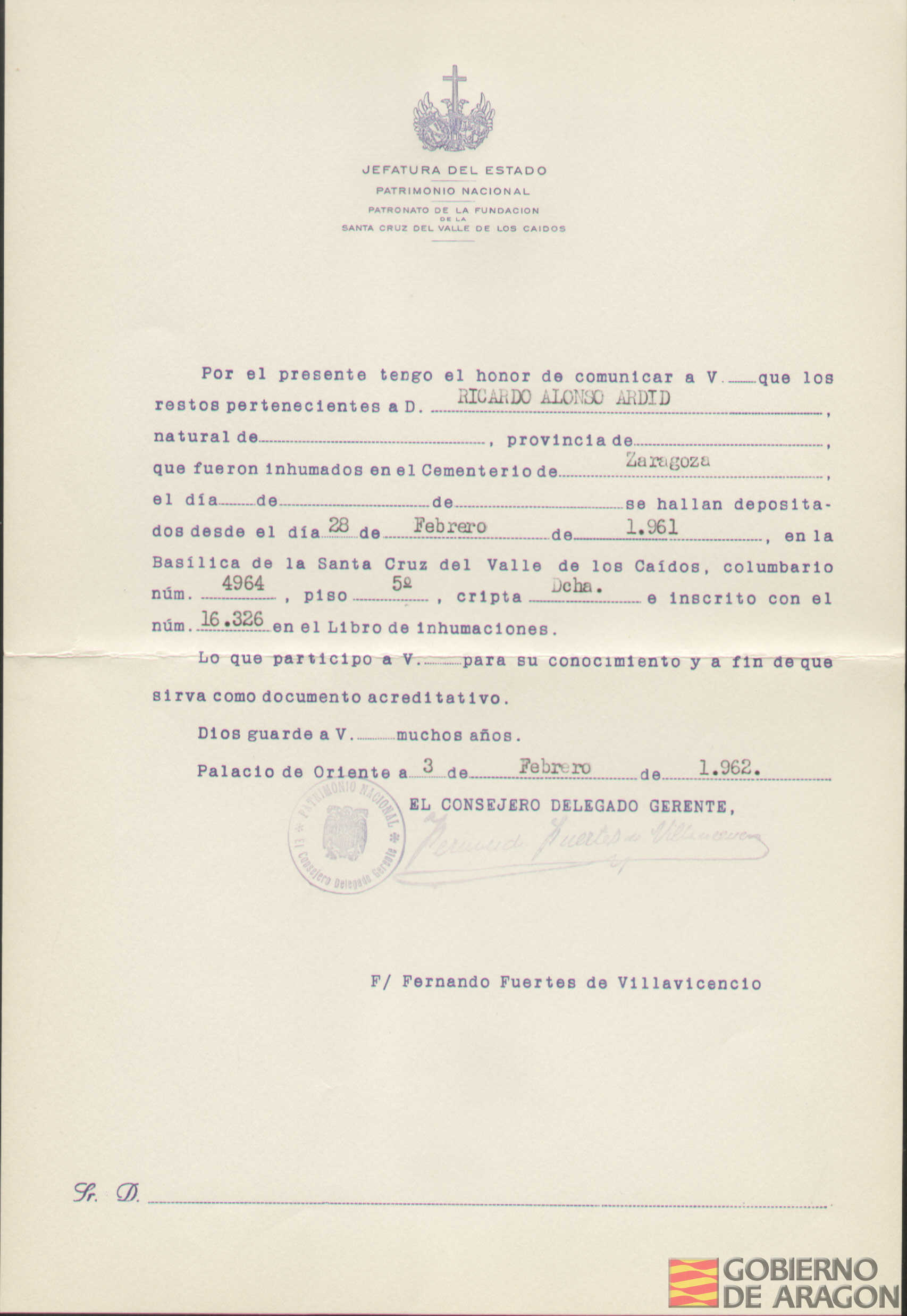 Traslado al Valle de los Caídos de los restos mortales de Ricardo Alonso Ardid el día 28 de febrero de 1961