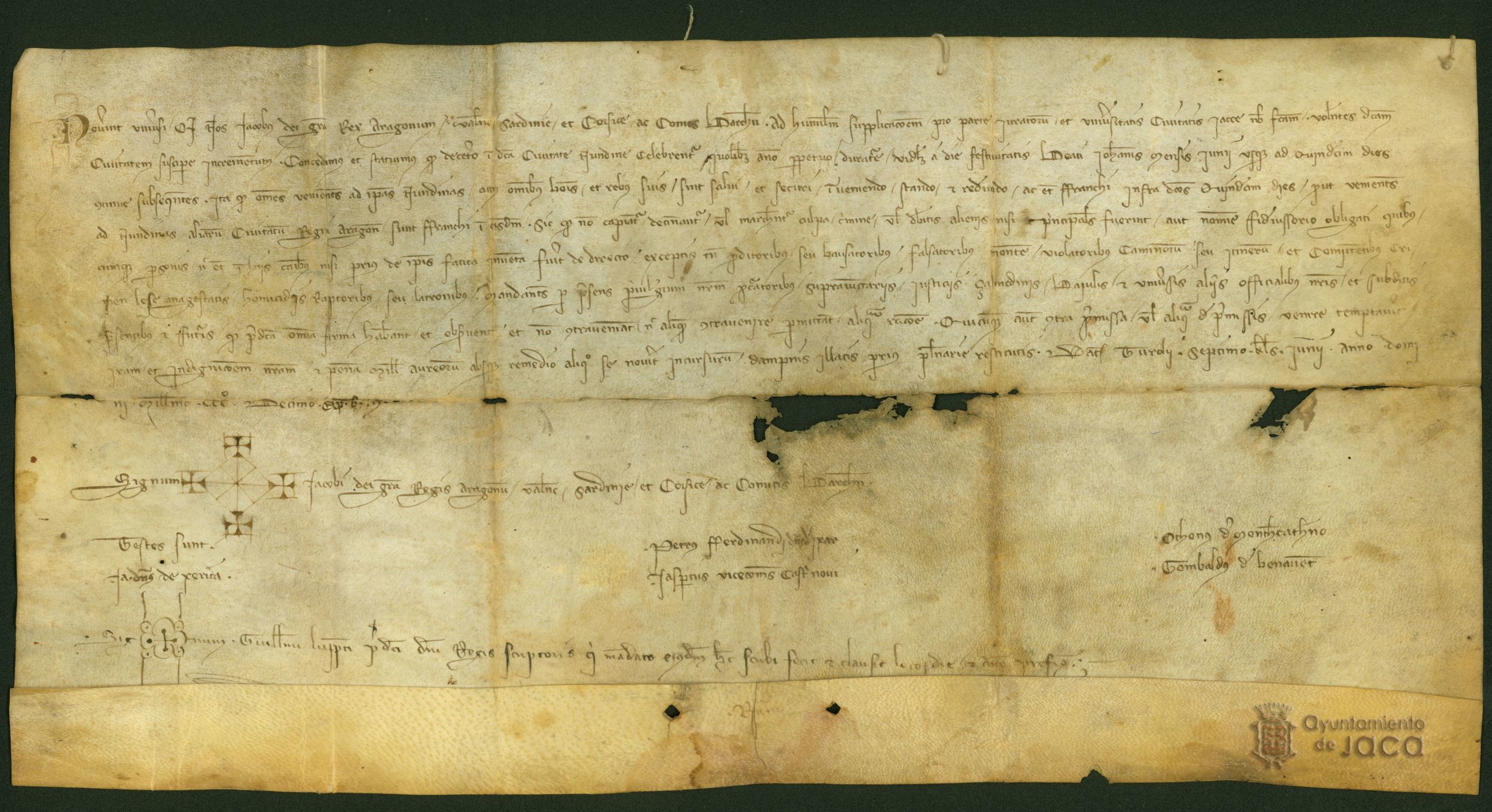 Jaime II, rey de Aragón, concede a los jurados y universidad de Jaca que celebren mercado anual desde el día de San Juan de Junio hasta quince días después, dando franquicias y seguridades a los que a él vayan o vuelvan