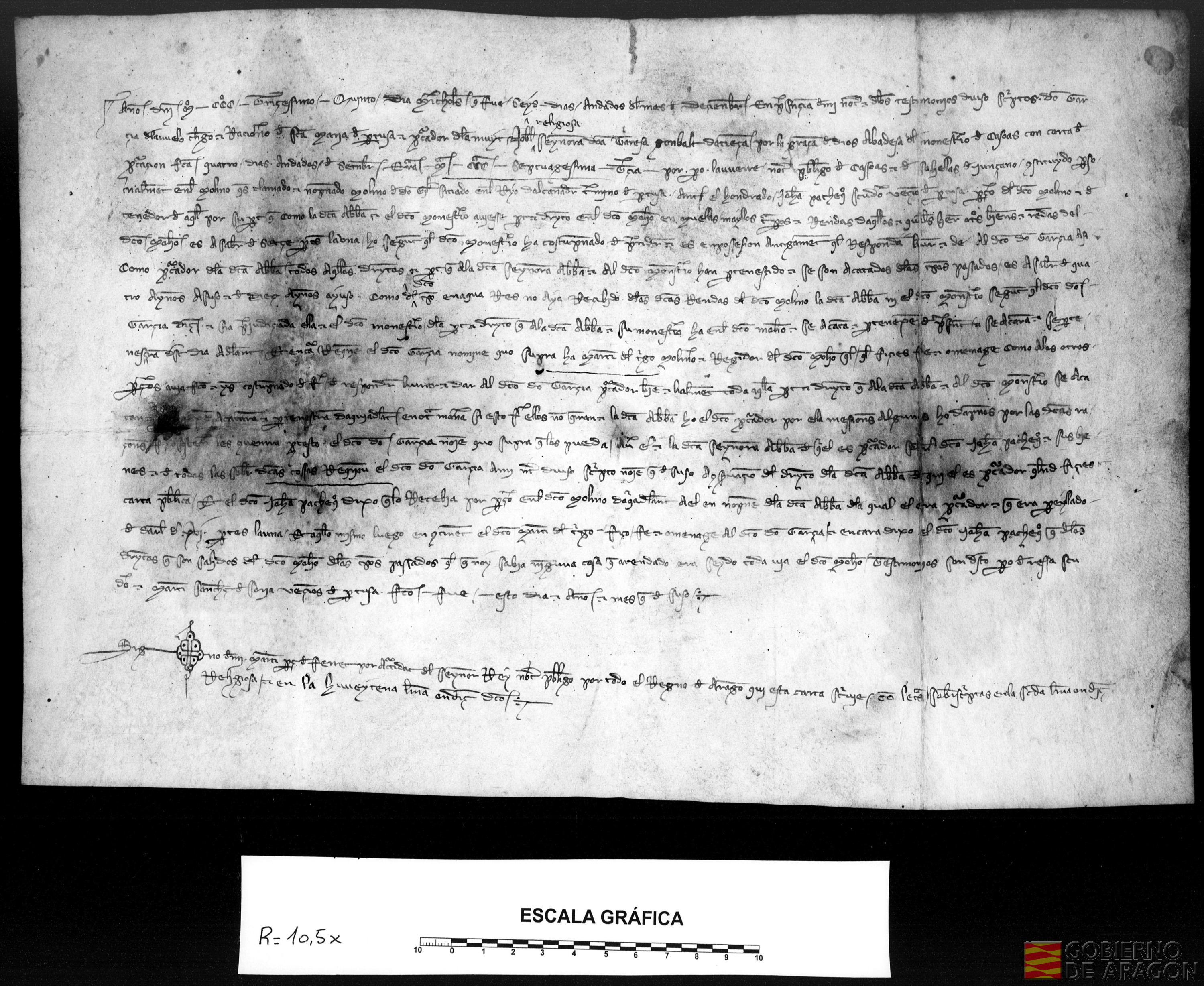 García del Abuelo, clérigo de Pertusa, como procurador de la abadesa de Casbas, Teresa Gombaldo de Entenza, comparece ante Juan Pacheco, escudero de Pertusa, en el molino de Don Gil, sobre el río Alcanadre, en el término de Pertusa, para reclamar los derechos del monasterio sobre ese molino. Juan Pacheco se compromete a entregar una parte de cada diceciséis de la moltura