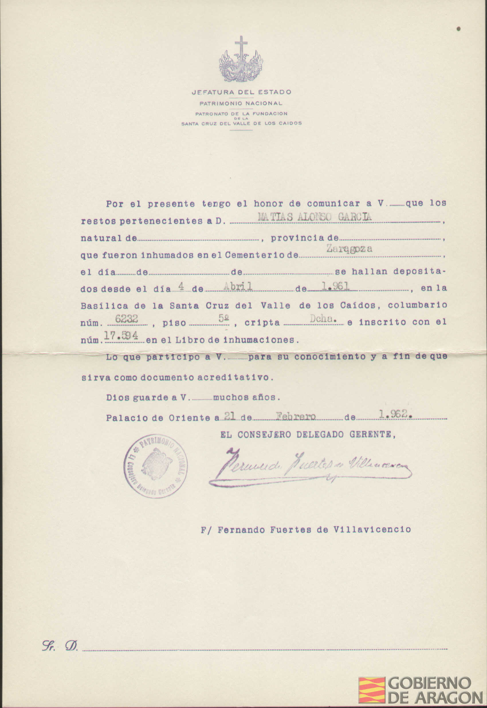 Traslado al Valle de los Caídos de los restos mortales de Matías Alonso García el día 4 de abril de 1961