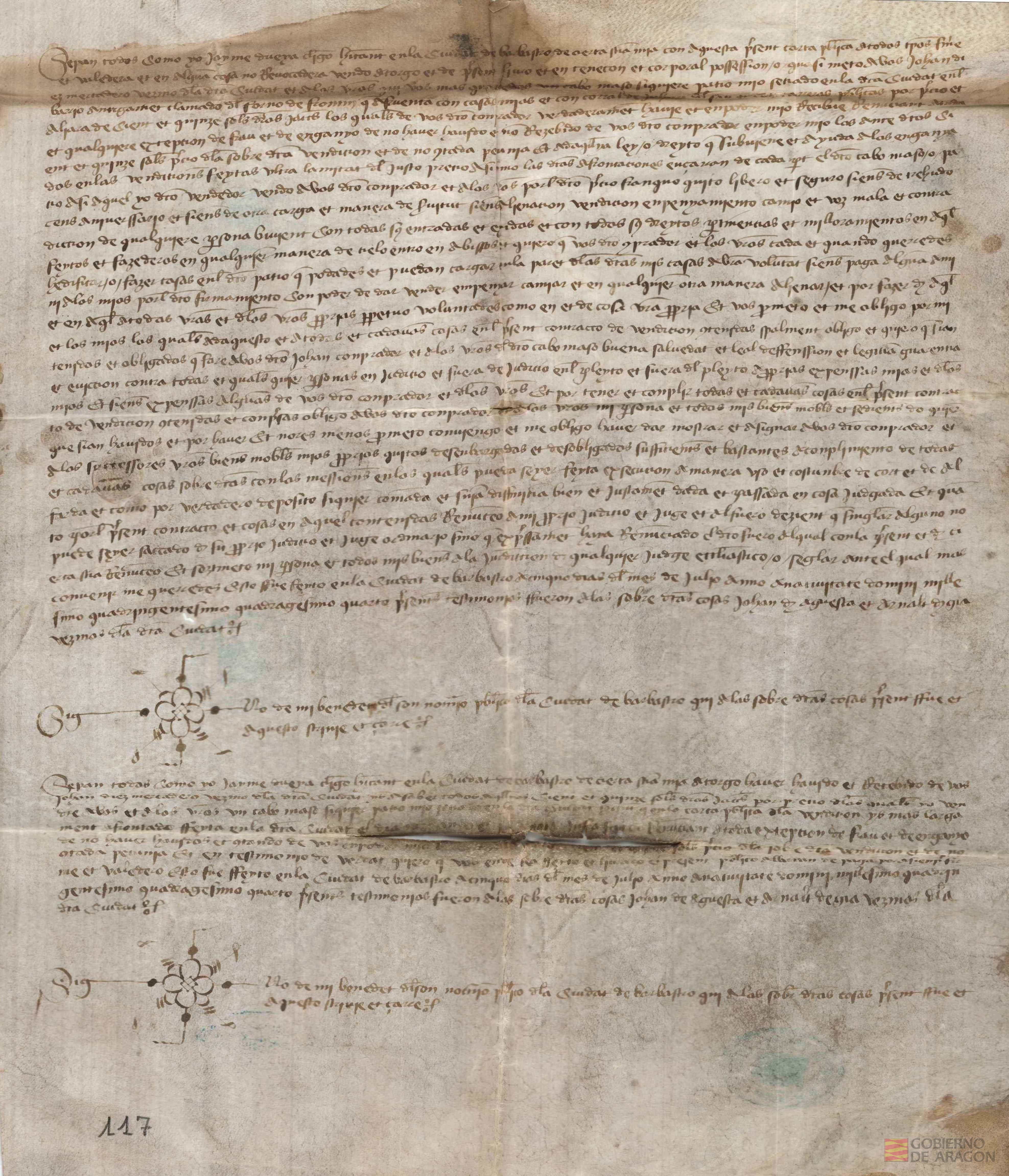 Jaime Dueña,clérigo,vecino de Barbastro,vende a Juan Diez,mercader de dicha ciudad un patio sito en Barbastro,llamado Horno de Frontín,por 115 sueldos jaqueses