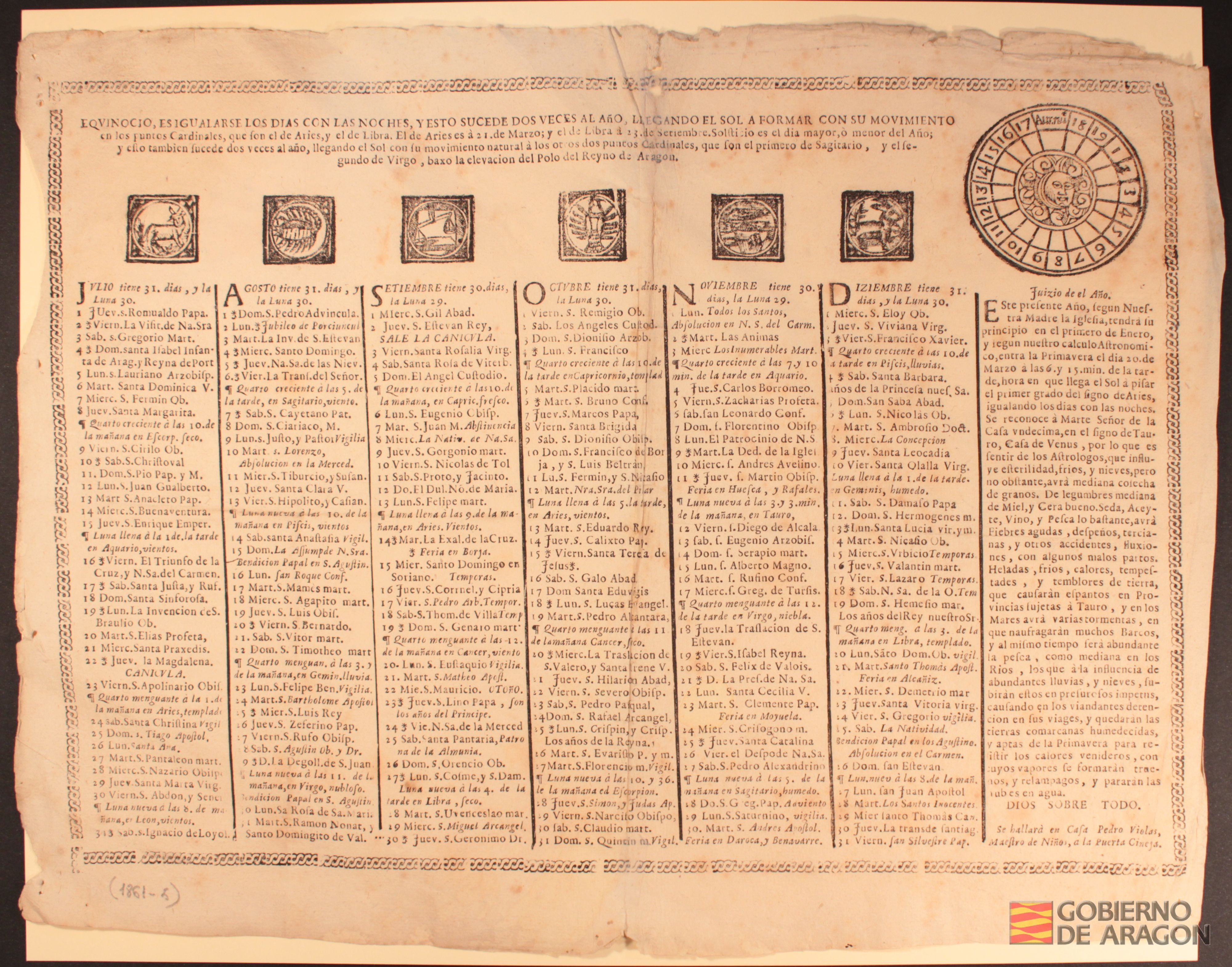 Reverso del Almanake y kalendario para el año del Señor de 1734. Con las fiestas movibles, Santos de cada dia, y fiestas de guardar, conforme la bula de ... Urbano VII