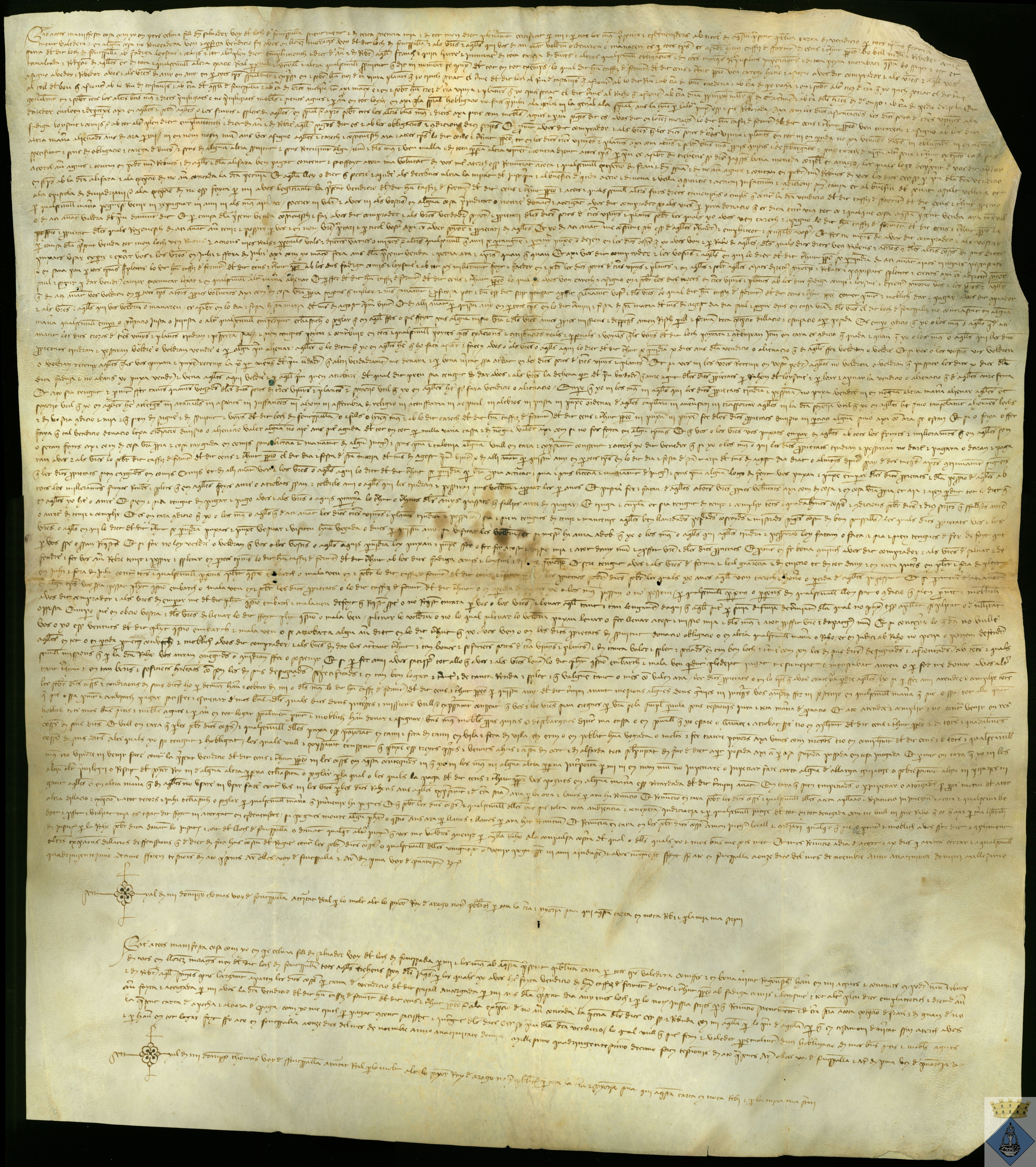 Carta de censal de Pedro Celma a Lorenzo Moragues del cual cobra el censo de 1 cahíz anual de trigo por un trozo de viña. Con ápoca por la que Pedro Celma reconoce haber recibido el pago dicho cahíz de trigo