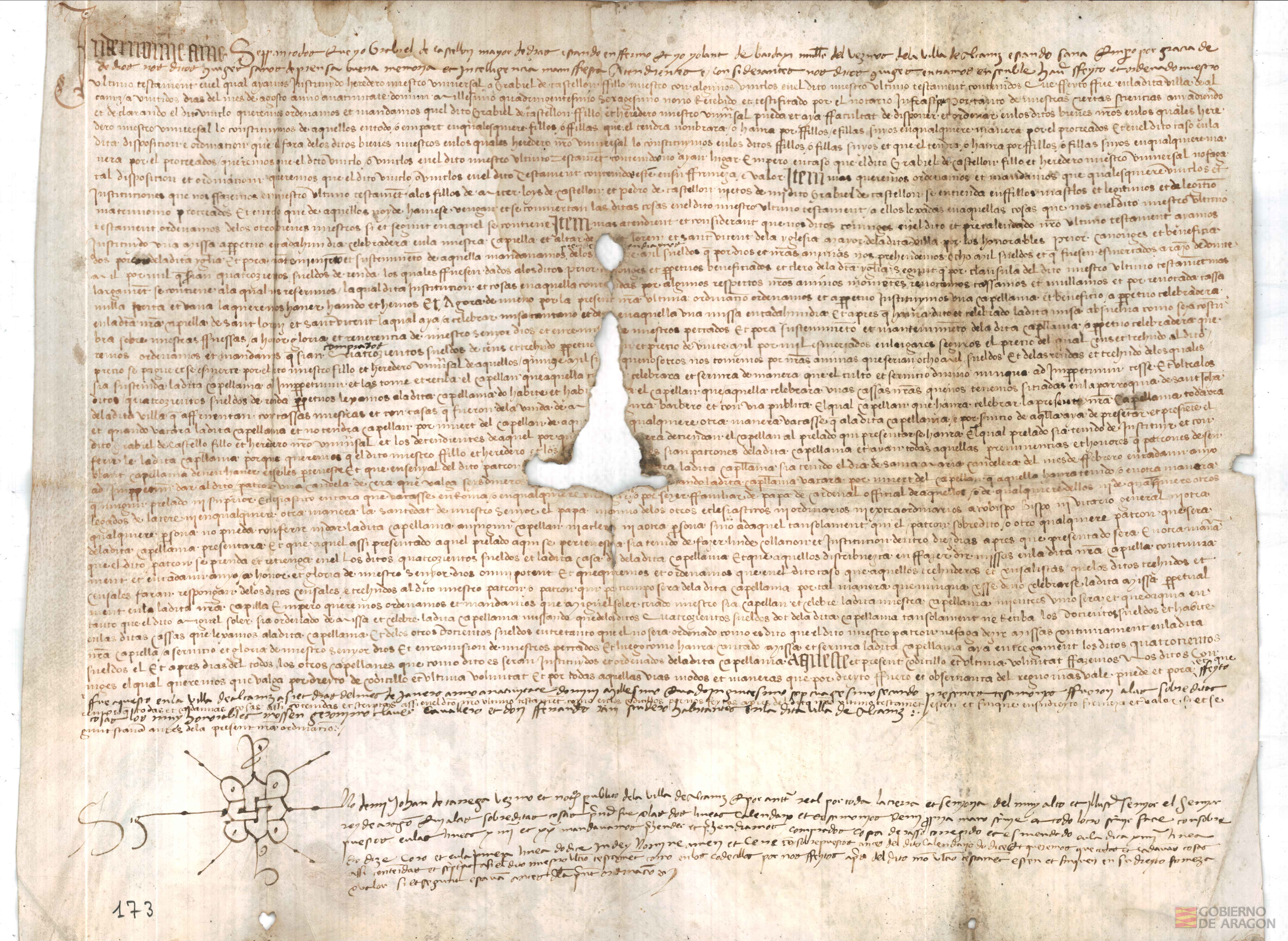 Codicilo añadido al último testamento otorgado por Gabriel de Castellón y su mujer Violante de Bardají, vecinos de la villa de Alcañiz, en agosto de 1469, y en el que nombran heredero de sus bienes a su hijo, Gabriel de Castellón