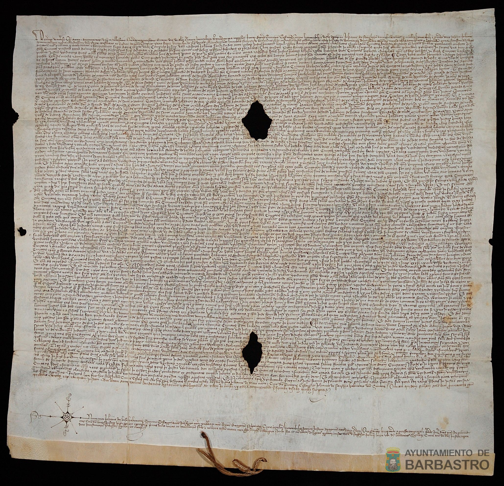 Sentencia y confirmación sobre un censal debido por la ciudad de Barbastro a favor de Francisco del Boscho por la que la ciudad debe pagarle 2000 sueldos jaqueses