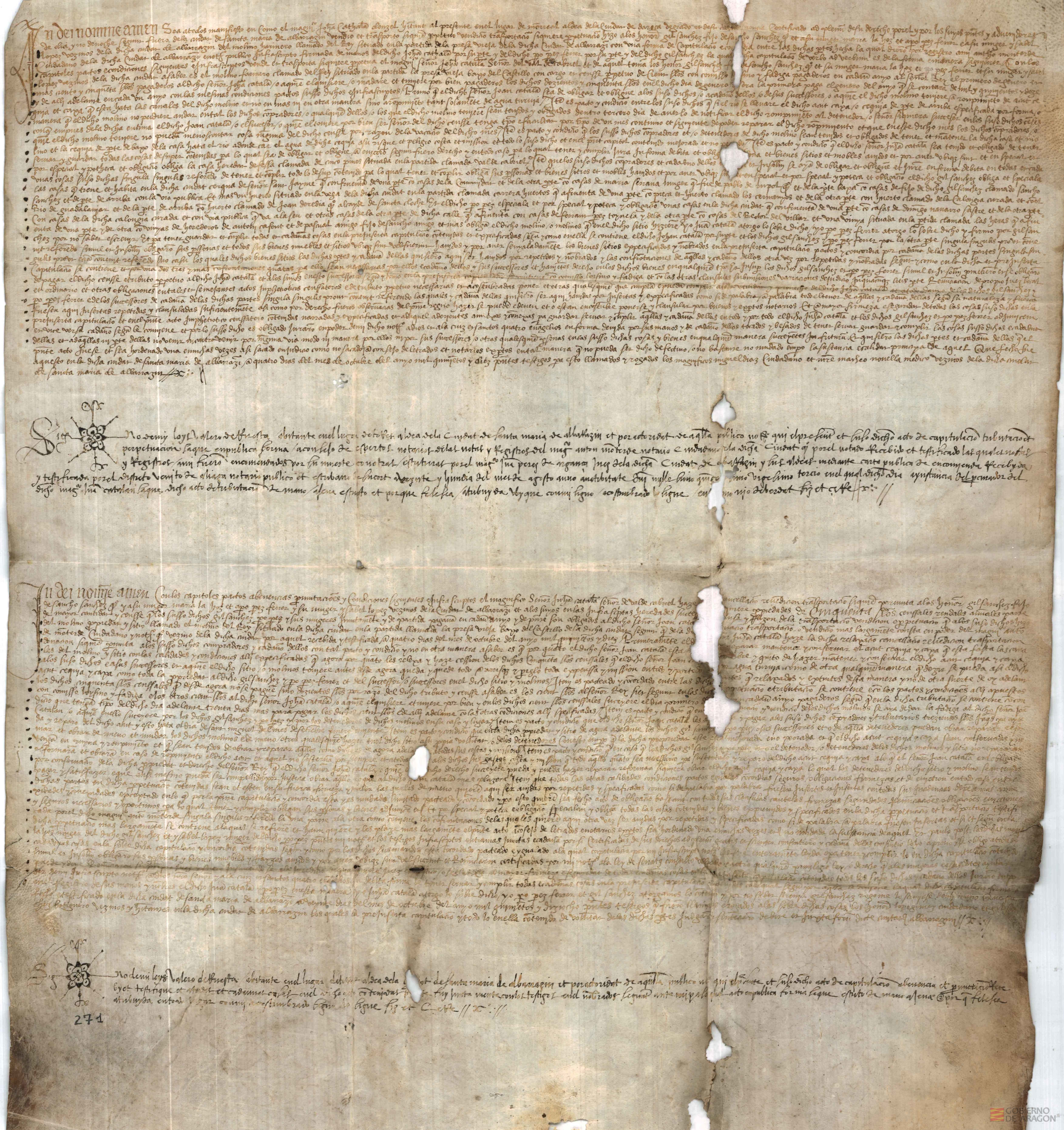 Juan Catalán, doncel, vecino de Monreal, aldea de la ciudad de Daroca, según fuero de la ciudad de Santa María de Albarracín, vende a Gil Sánchez y María Lahoz, su mujer, y a Pedro Pérez Ferrer y su mujer, Isabel López, vecinos de Albarracín, un molino harinero y otros bienes, estableciendo las condiciones de venta