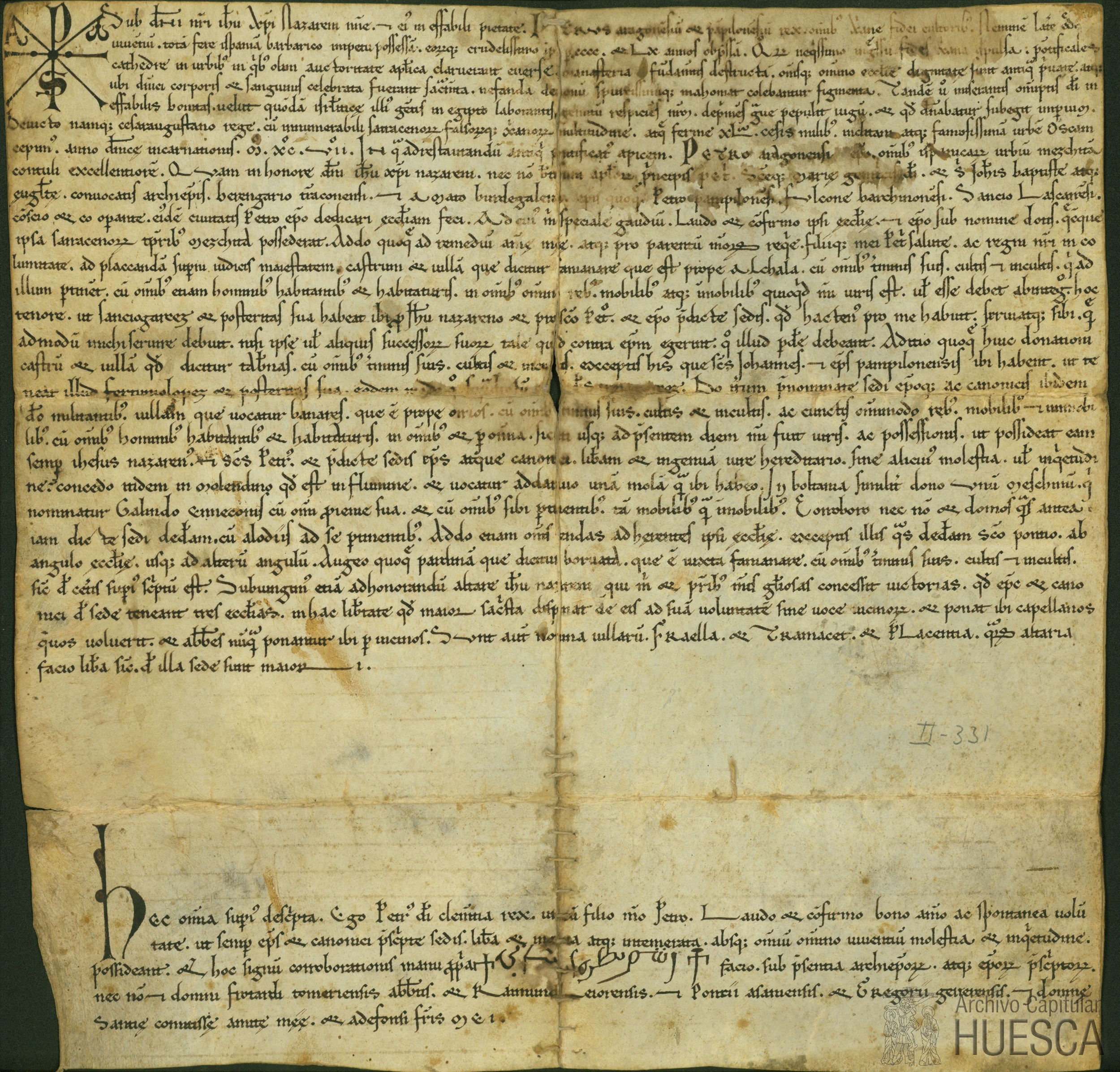 Pedro I, rey de Aragón y Navarra, dota la Catedral de Huesca, antigua mezquita mayor de la ciudad, el día de su dedicación por los arzobispos y obispos Bereguer de Tarragona, Amado de Burdeos, Pedro de Pamplona, Fulcón de Barcelona, Sacho de Lescar y Pedro de Huesca