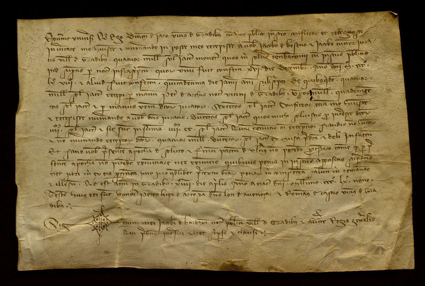 Domingo de Jaro, vecino de Graus, reconoce recibir de Jaime de Besiáns y Jaime Cunyer, jurados de dicha villa, los 4.200 sueldos jaqueses que le eran debidos.