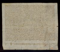 Carta de compraventa de un majuelo en la huerta de Épila, otorgada por Juan de Almazán y Urraca de Marín, su mujer, vecinos de dicha villa, en favor de Domingo del Espich, por precio de 211 sueldos jaqueses. La viña es treudera de Lope García de Rueda y Sancha Fernández Deusa, que aprueban la venta
