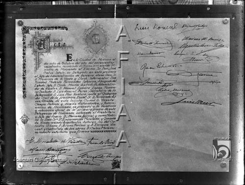 Acta de la colocación de la primera piedra del edificio de la Delegación de Hacienda. Joaquín Galán Bernal. Huesca