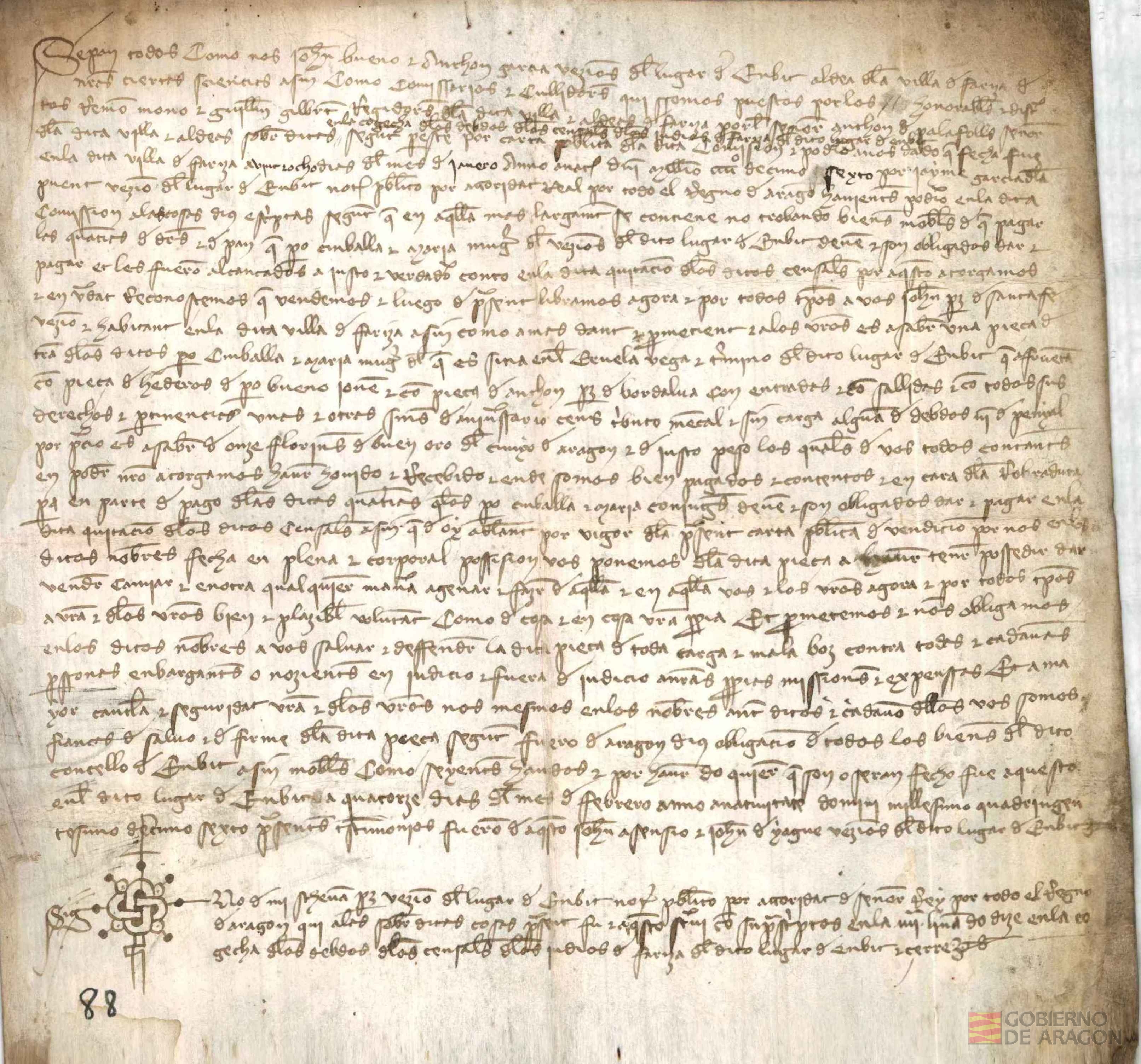 Juan Bueno y Antón García,vecinos del lugar de Embid,aldea de la villa de Ariza,como comisarios y cullidores de los deudos de los censales de los judios de Ariza y del lugar de Embid,venden a Juan Pérez de Santa Fé,vecino de Ariza,una pieza de tierra de Pedro Embala y su mujer María, por 11 florines de oro, porque estos no podian pagar los censales que debían