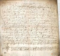 Juan Bueno y Antón García,vecinos del lugar de Embid,aldea de la villa de Ariza,como comisarios y cullidores de los deudos de los censales de los judios de Ariza y del lugar de Embid,venden a Juan Pérez de Santa Fé,vecino de Ariza,una pieza de tierra de Pedro Embala y su mujer María, por 11 florines de oro, porque estos no podian pagar los censales que debían
