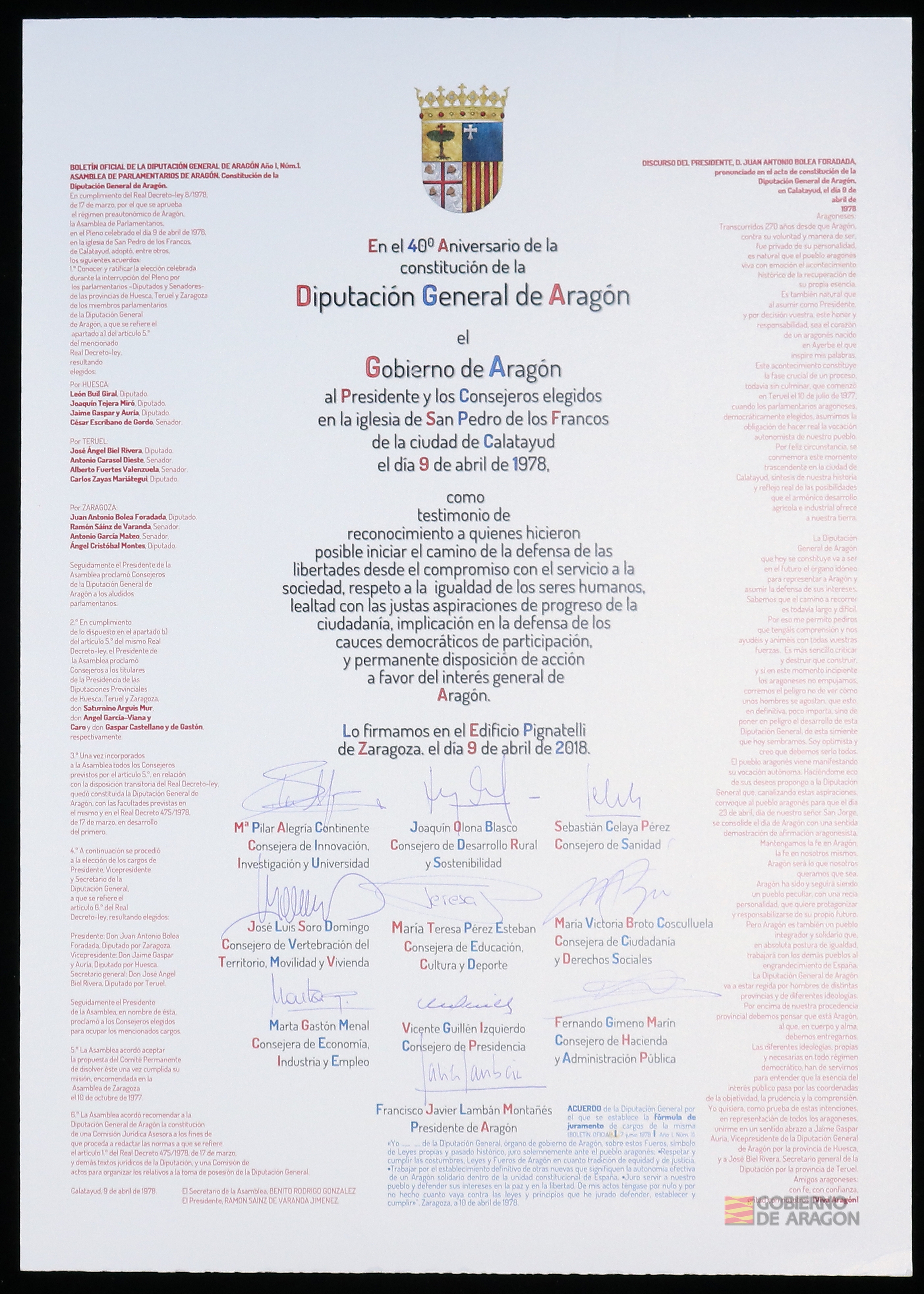 "Acta del 40 Aniversario de la constitución de la Diputación General de Aragón". Diputación General de Aragón