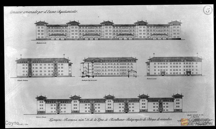 Dibujos de alzados para el anteproyecto de bloque de viviendas en Miralbueno firmado por Camuñas, Bars y Ballesteros