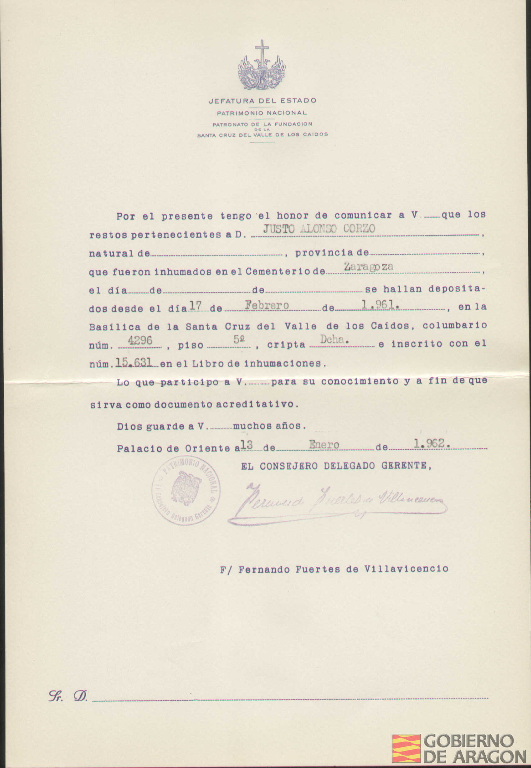 Traslado al Valle de los Caídos de los restos mortales de Justo Alonso Corzo el día 17 de febrero de 1961