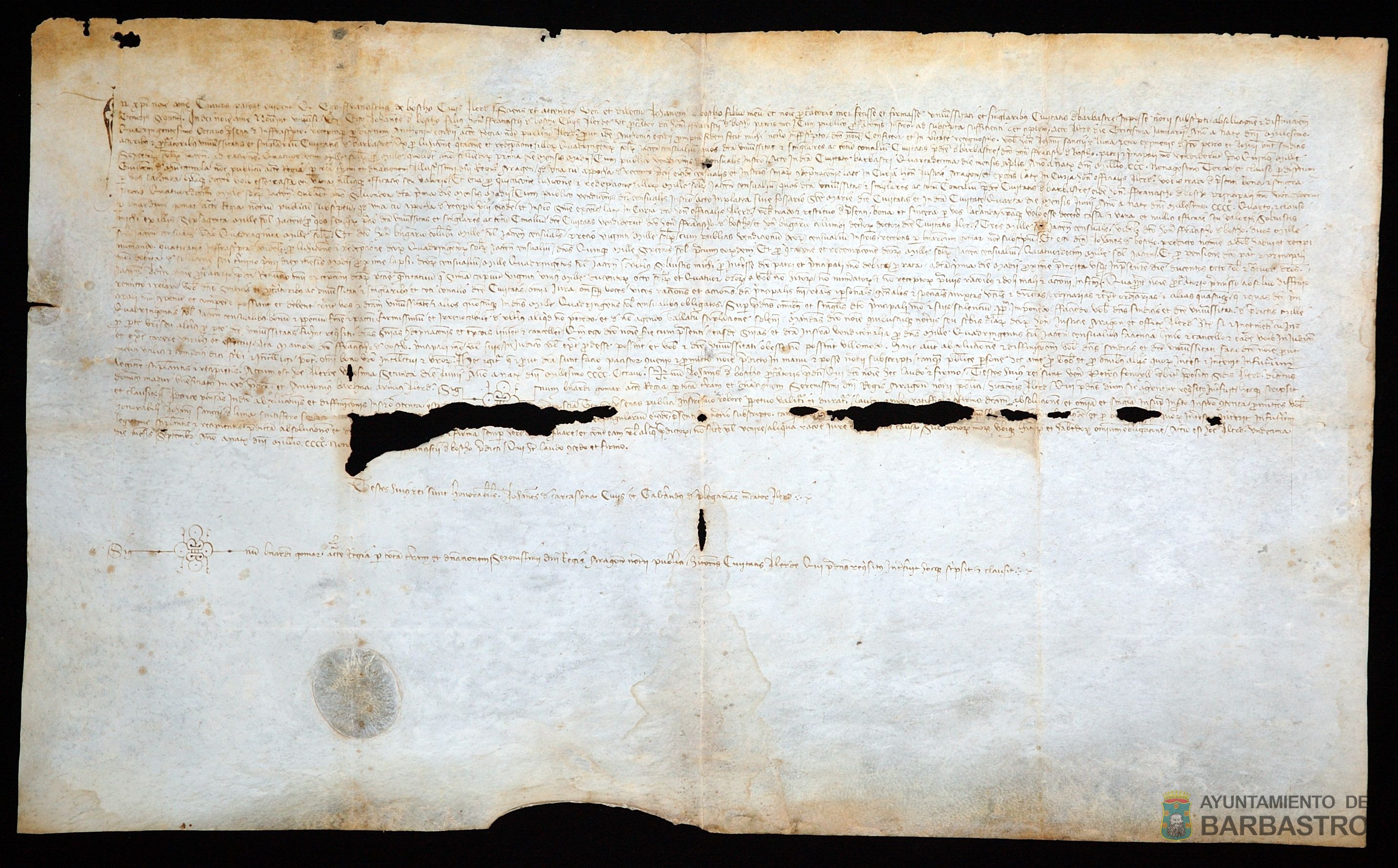 Apoca de luición de censal a favor de Francisco del Bosco, hijo de Francisco del Boscho, ciudadadno de Lérida, otorgada por la ciudad de Barbastro en virtud de una sentencia