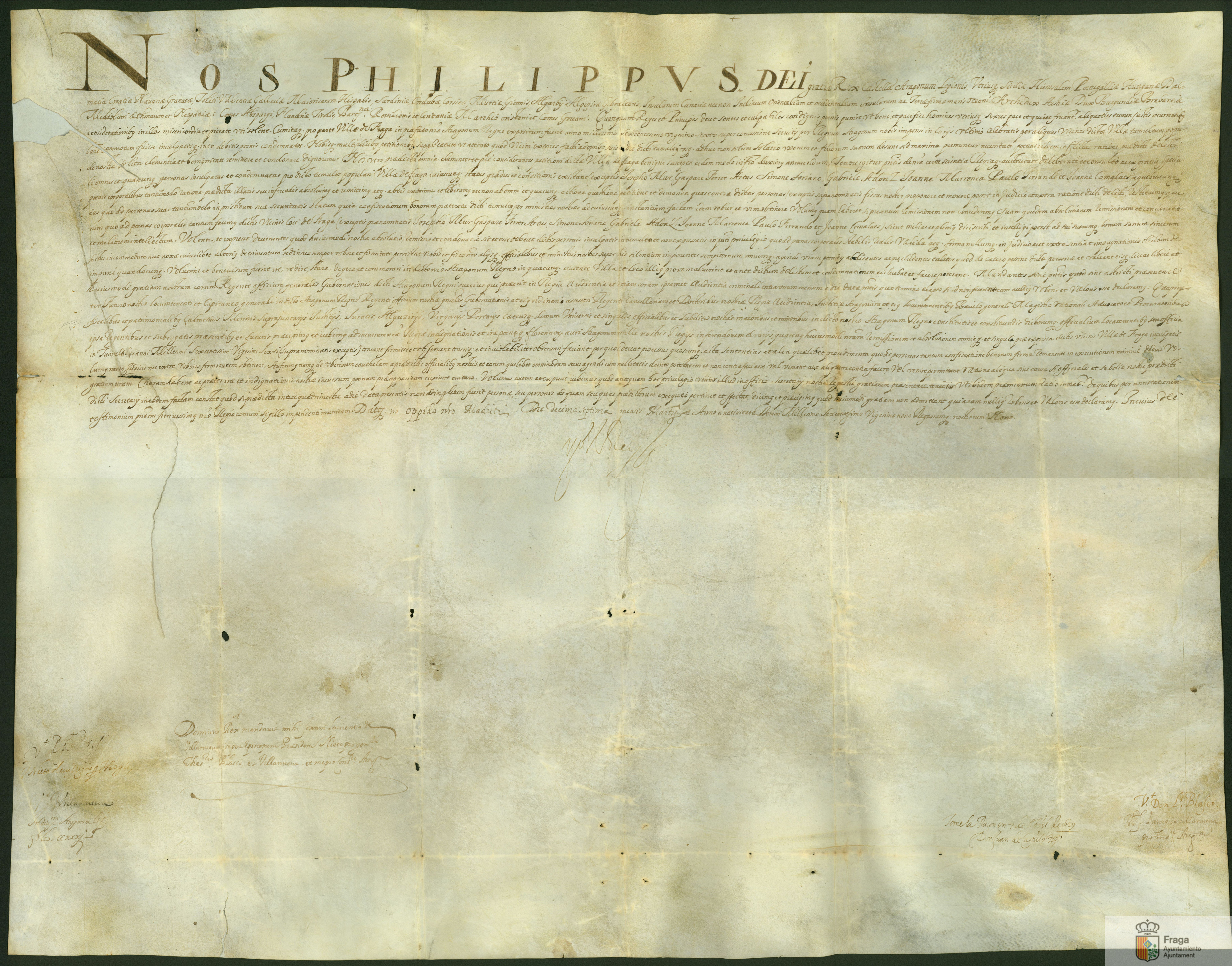 Felipe IV concede un privilegio de perdón a los participantes en el motín sucedido en Fraga en 1626 en el transcurso de las Cortes de Aragón, pero se indican algunas excepciones