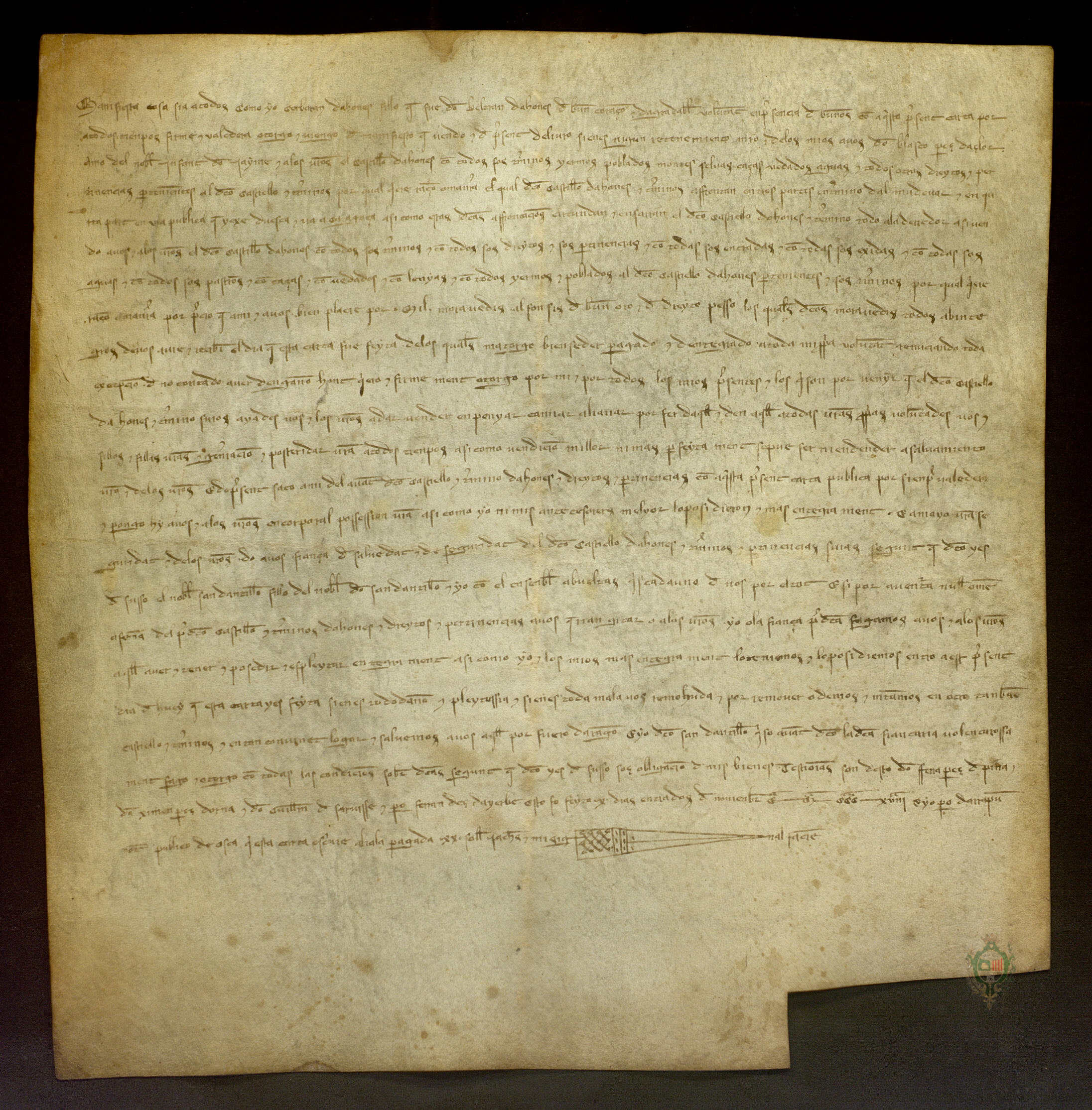 Corbalán de Aones vende a Blasco Pérez de Azlor, amo del infante Jaime, el castillo de Aones con todos sus términos por 1.000 maravedís alfonsíes de oro.