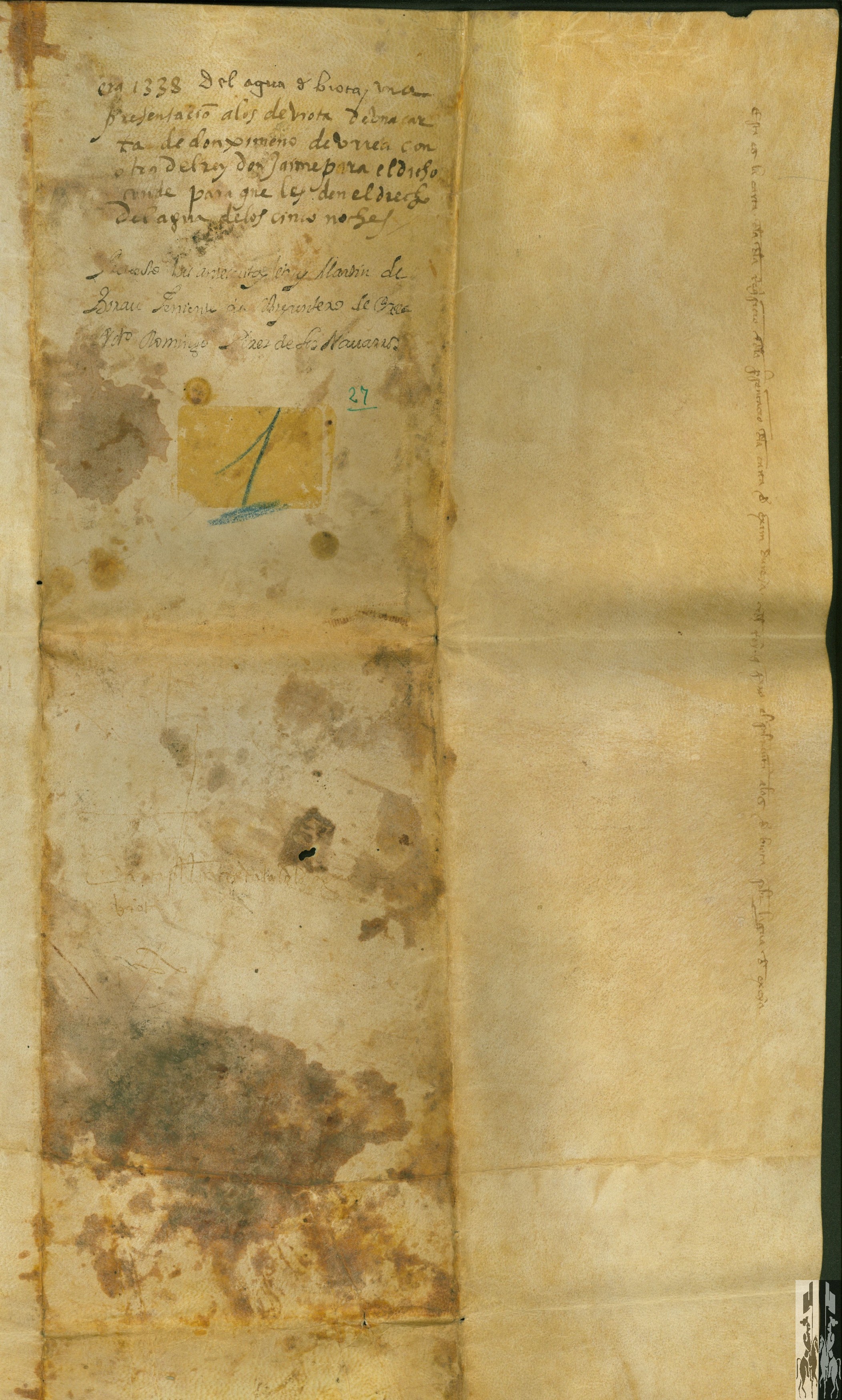 El sobrejuntero de Ejea y Jaca presenta al concejo de Biota una carta de Jimeno de Urrea, señor del pueblo, por la que se les ordena que dejen pasar el agua del Arba de San Román hacia abajo cinco días y cinco noches cada semana.