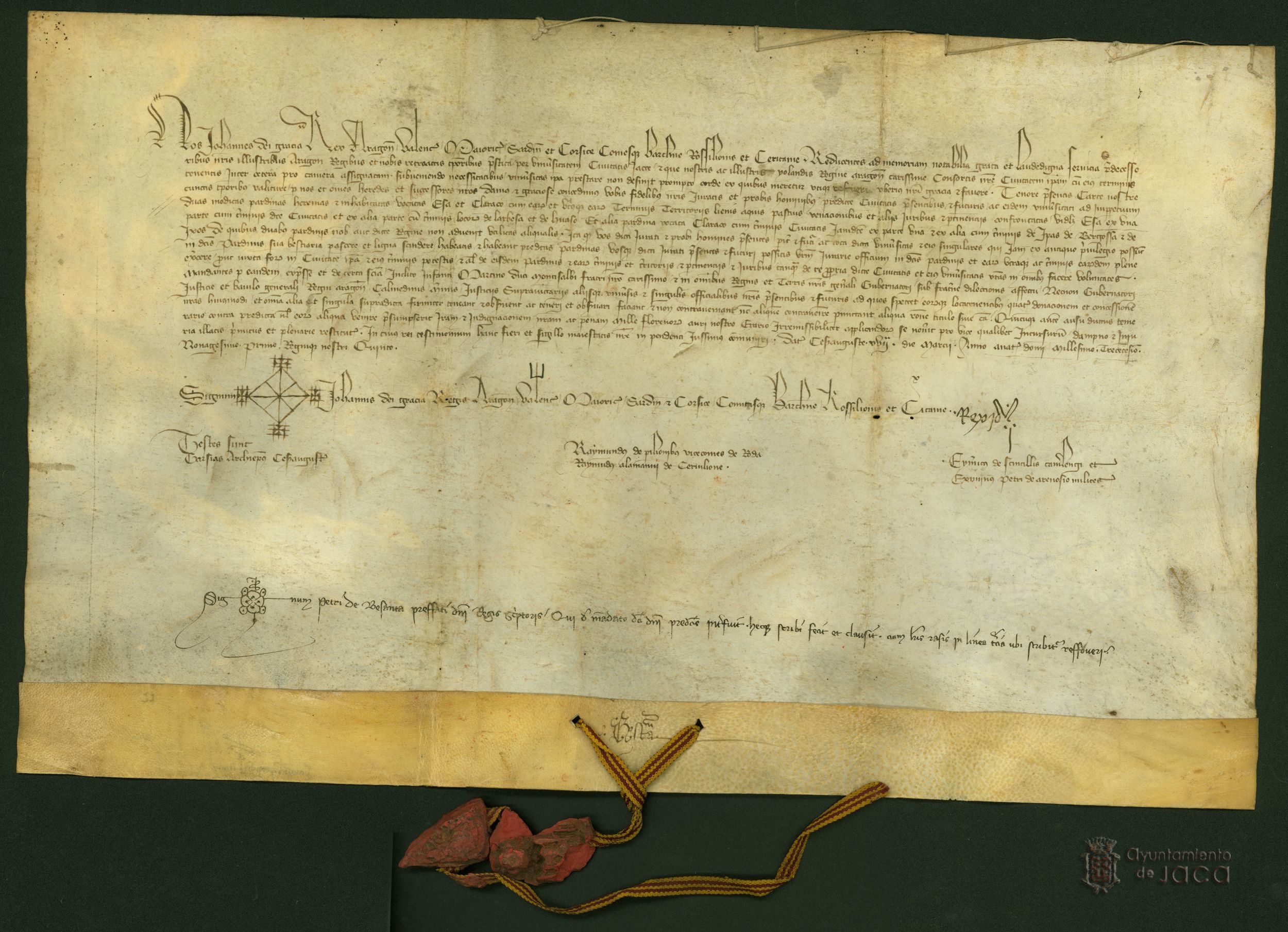 Juan I, rey de Aragón, y la reina Violante de Bar, su consorte, conceden a la ciudad de Jaca las pardinas de Esa y Claraco, con todos sus derechos y pertenencias, por los servicios prestados.