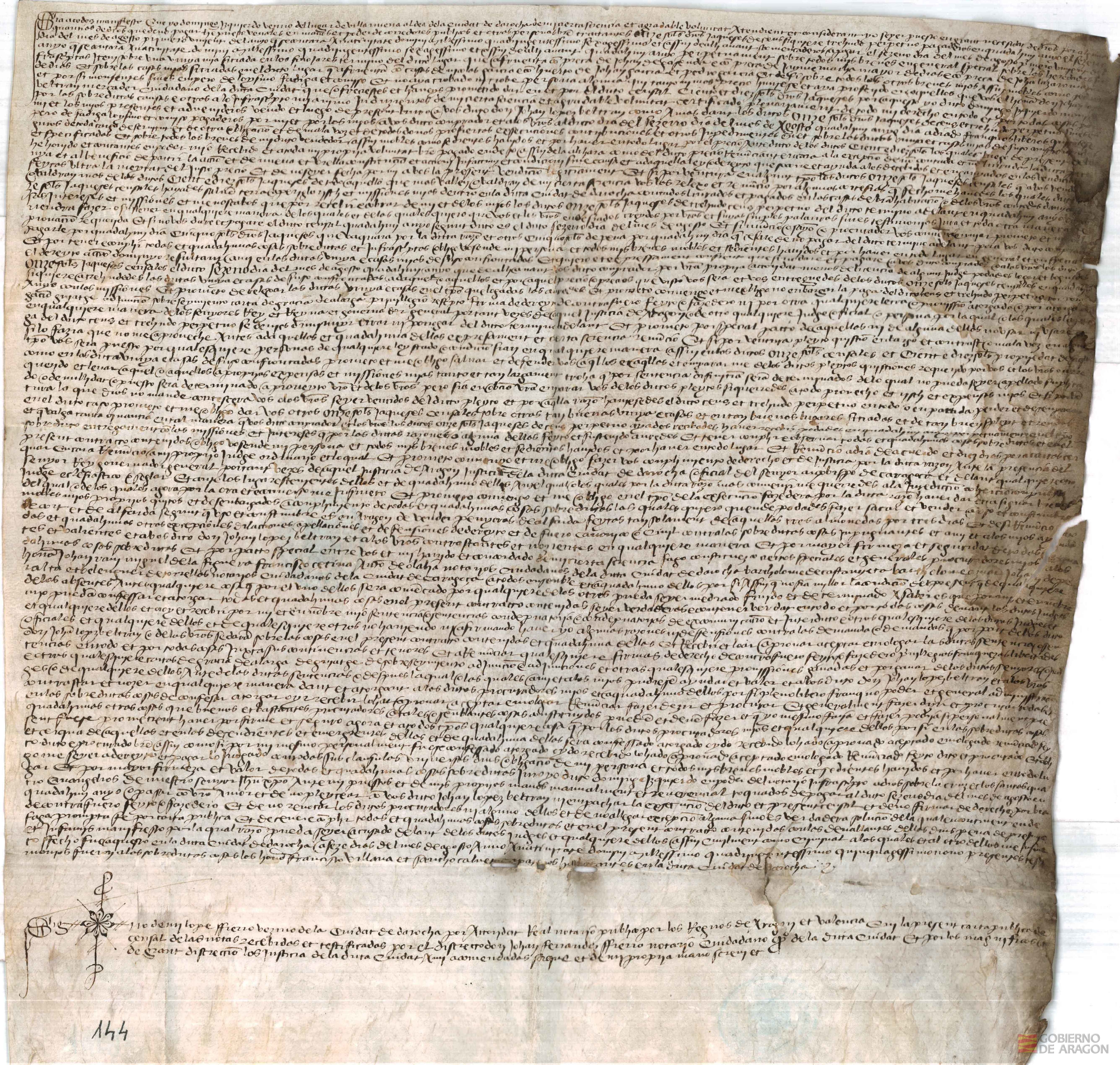 Domingo Izquierdo, vecino del lugar de Villanueva, aldea de Daroca, vende a Juan López Beltrán, mercader, ciudadano de dicha ciudad, 11 sueldos jaqueses de censo anual sobre una viña sita en los Finojares, término de dicha ciudad, por 110 sueldos