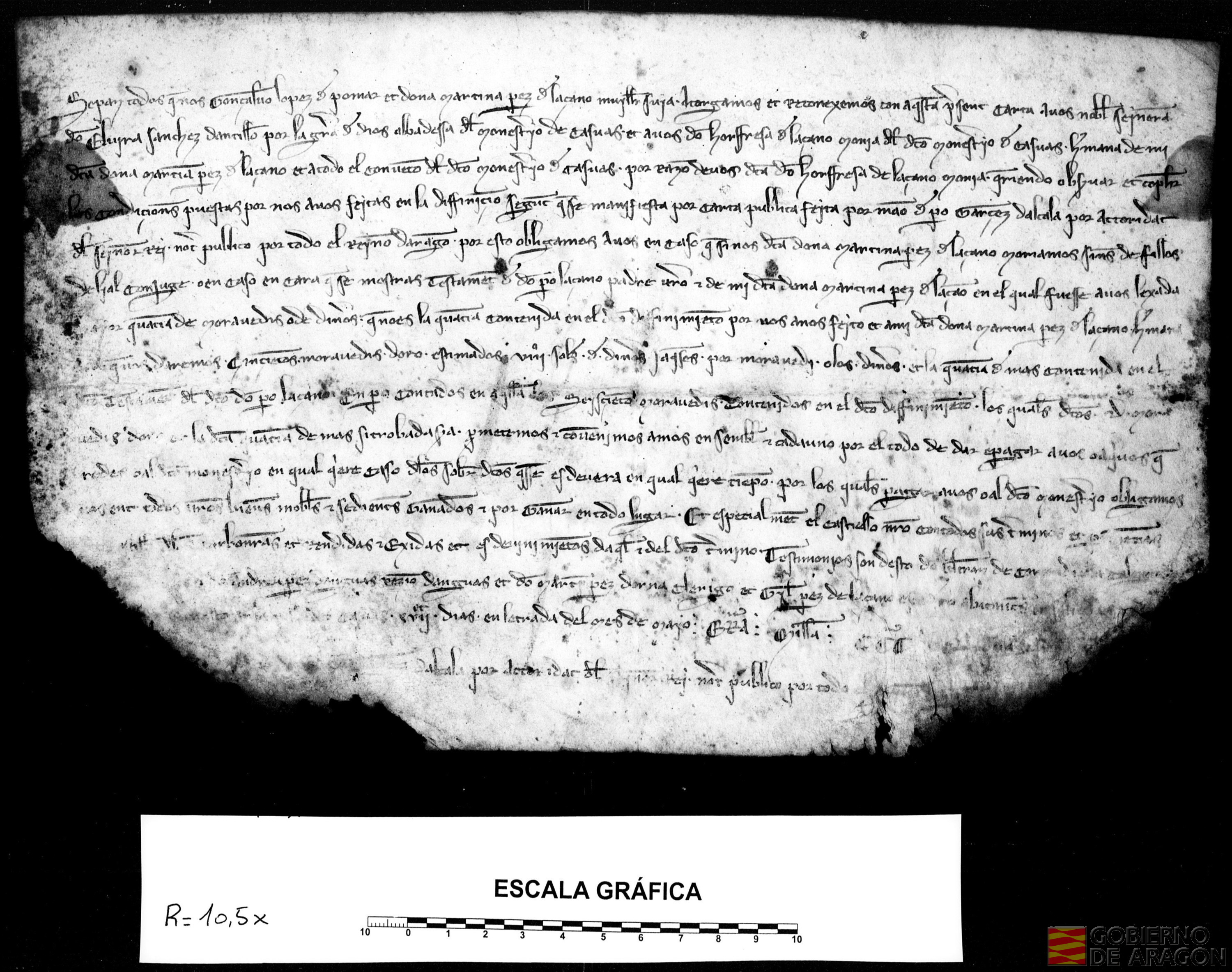 Gonzalo López de Pomar y Martina Pérez de Lazano se comprometen a pagar a Elvira Sánchez de Antillón, abadesa de Casbas, y a Orfresa de Lazano, monja de Casbas y hermana de Martina, la cantidad de 500 maravedís de oro que debían a la última por el testamento de su padre
