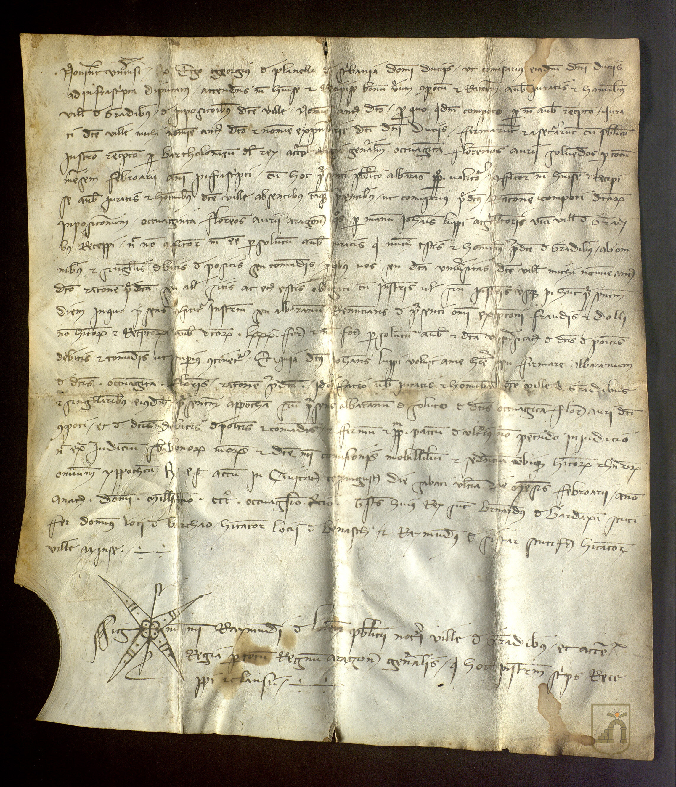 Jorge de Planella, escribano del conde de Ribagorza, reconoce recibir de la villa de Graus los 80 florines de oro que el concejo debía pagar anualmente al conde.