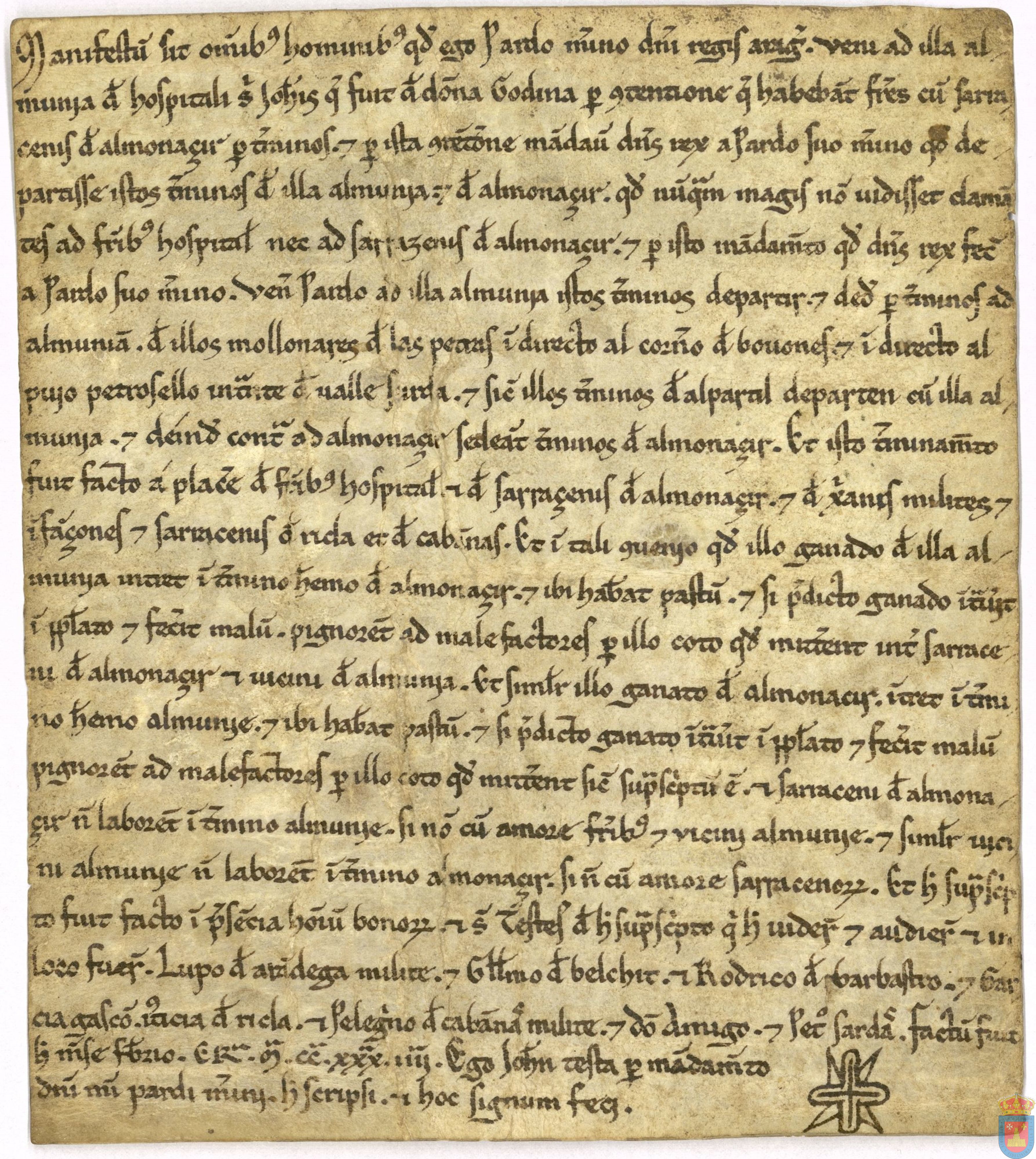 Pardo, merino de Alfonso II, rey de Aragón, limita los términos de La Almunia de Doña Godina con la aljama mora de Almonacid y dispone mutuo uso de pastos en yermo y labrantío de ambos pueblos en sus respectivos términos.