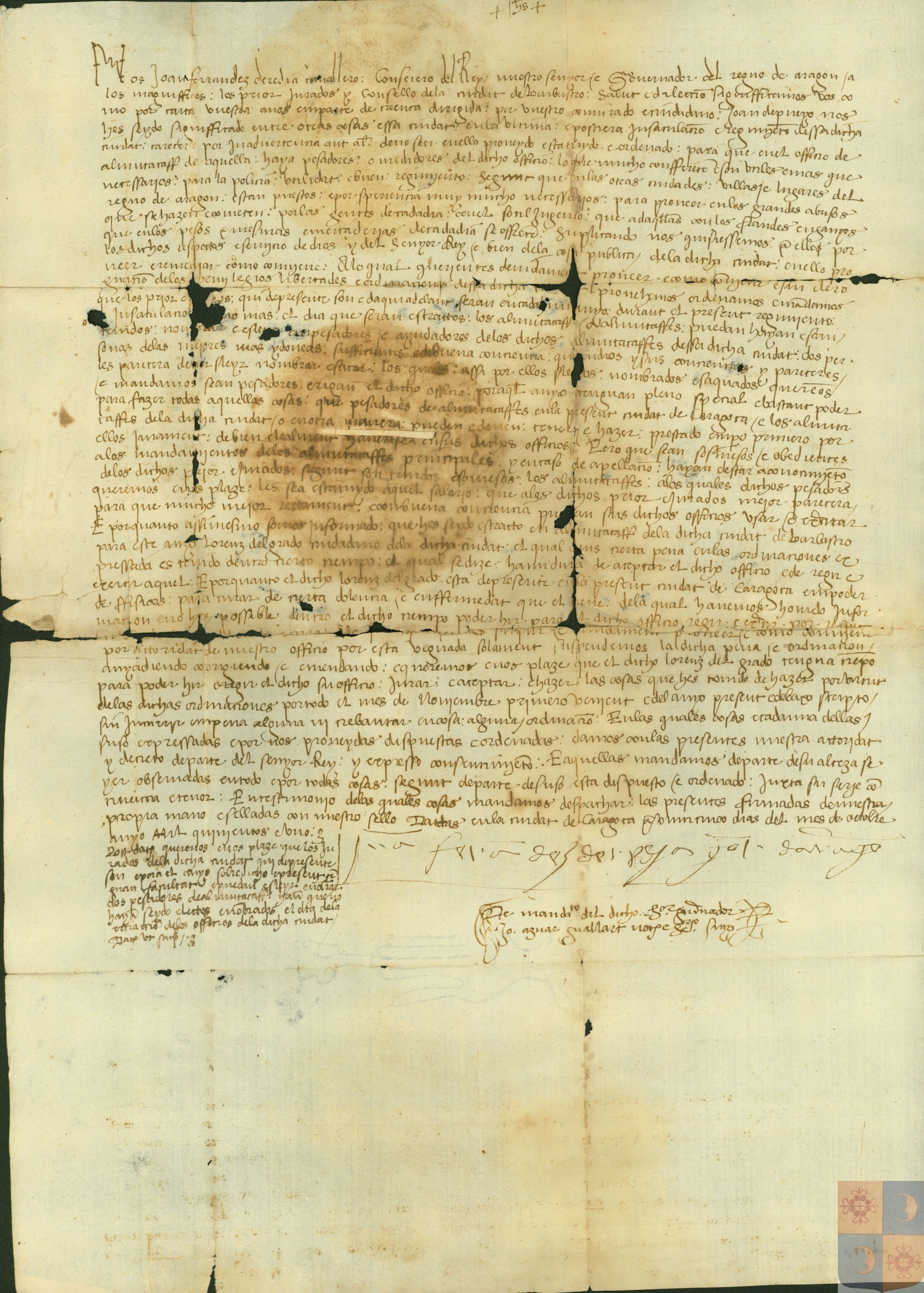 Provisión de Juan Fernández de Heredia, Gobernador de Aragón, ordenando a los jurados y concejo de Barbastro la insaculación y nombramiento de dos personas para desempeñar el cargo de pesadores, a las órdenes del almutazaf de dicha ciudad y con el salario que el concejo estime oportuno