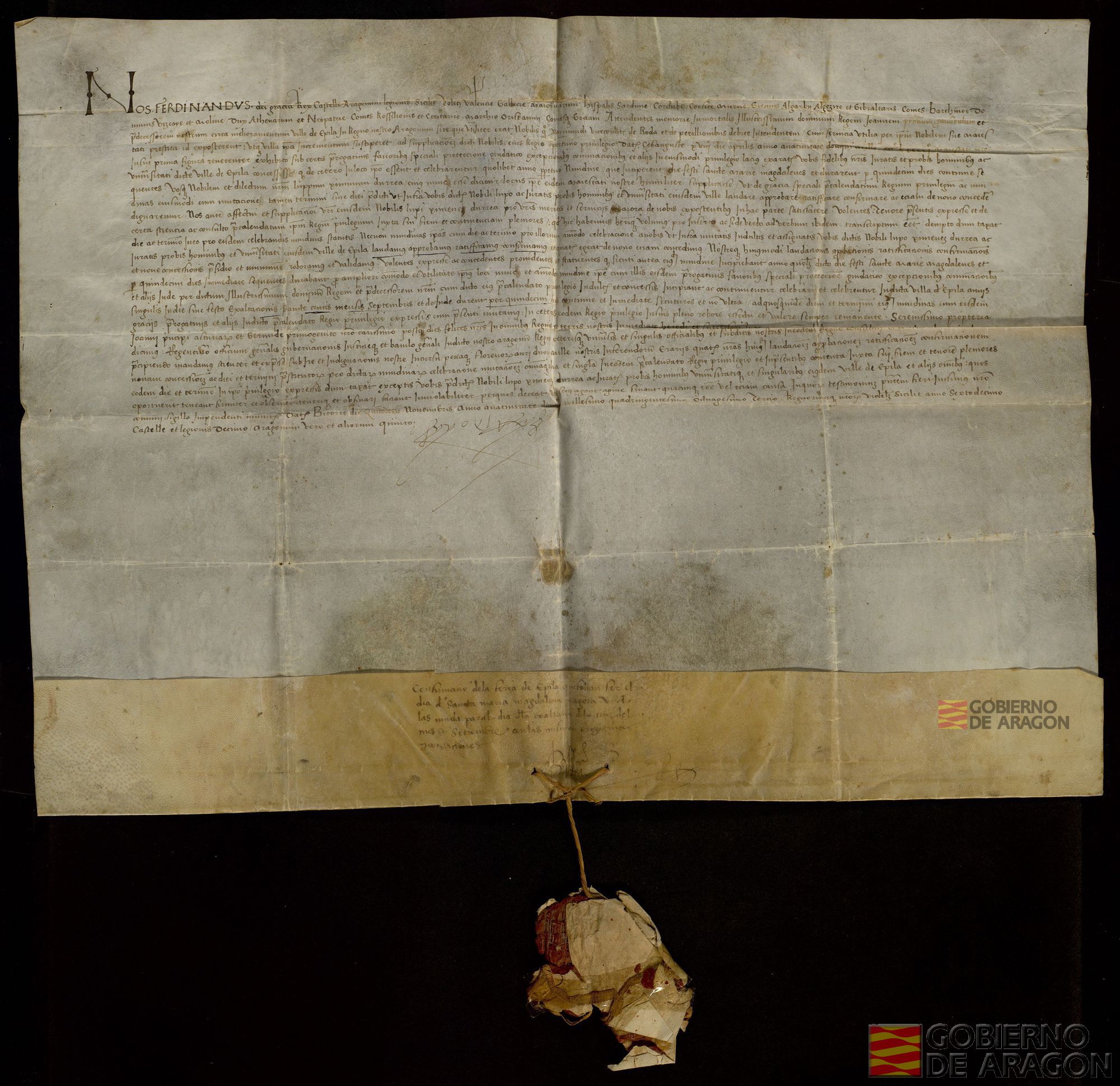 Fernando II de Aragón confirma el privilegio de Juan I por el que se concedió la celebración de una feria anual en Épila para el día de Santa María Magdalena, y establece que esa fecha original se traslade al día de la Exaltación de la Santa Cruz