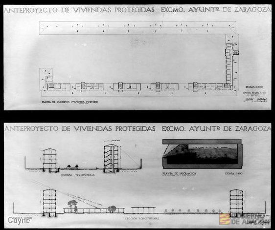 Planos del anteproyecto de viviendas protegidas firmados por los arquitectos Lorenzo Manchis y Manuel Muñoz Casangús
