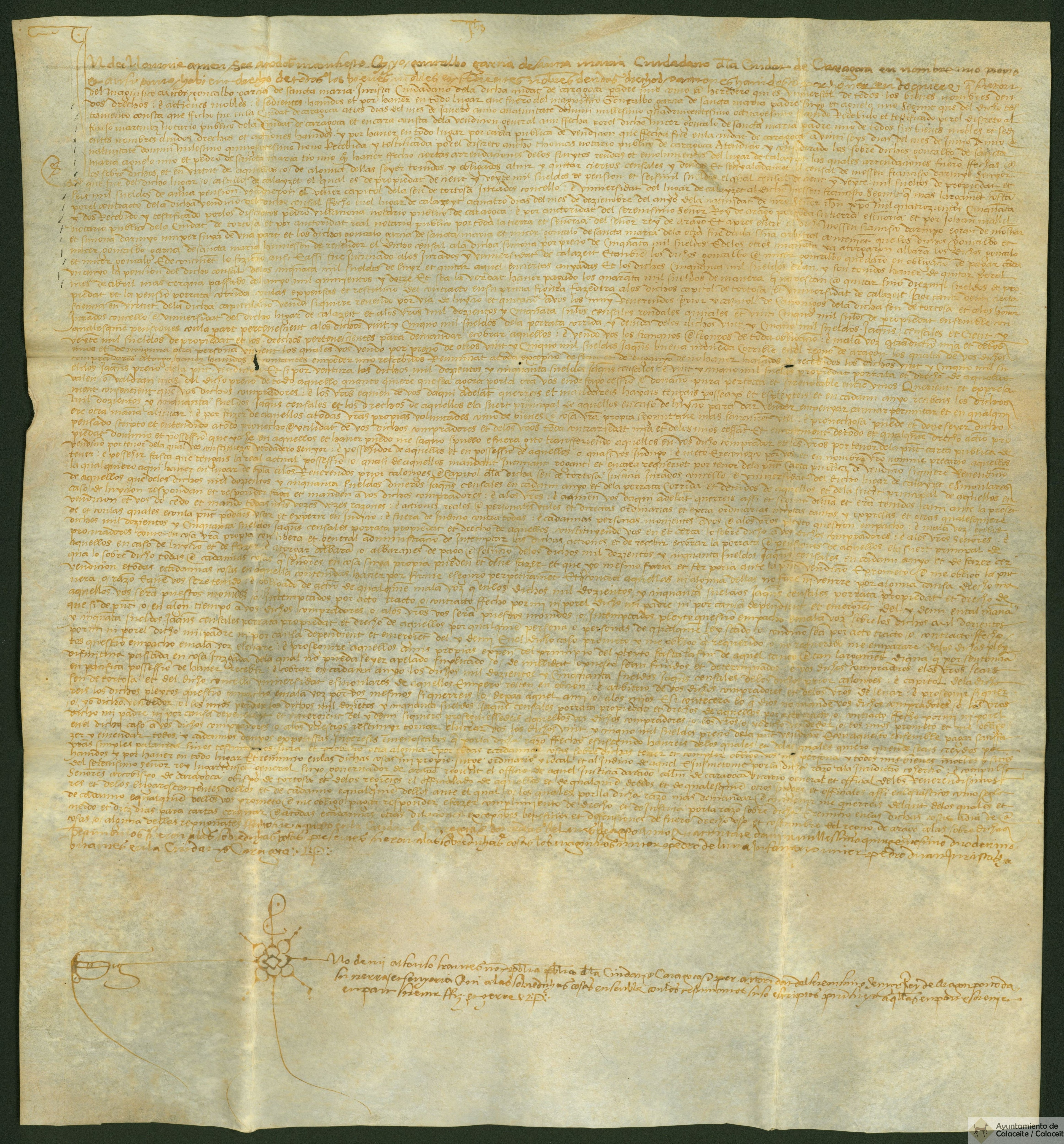 Venta de censal de 50.000 sueldos jaqueses otorgado por Gonzalo García de Santamaría a favor del prior y Capítulo de los canónigos de la sede de Tortosa y los jurados, Concejo y universidad de Calaceite