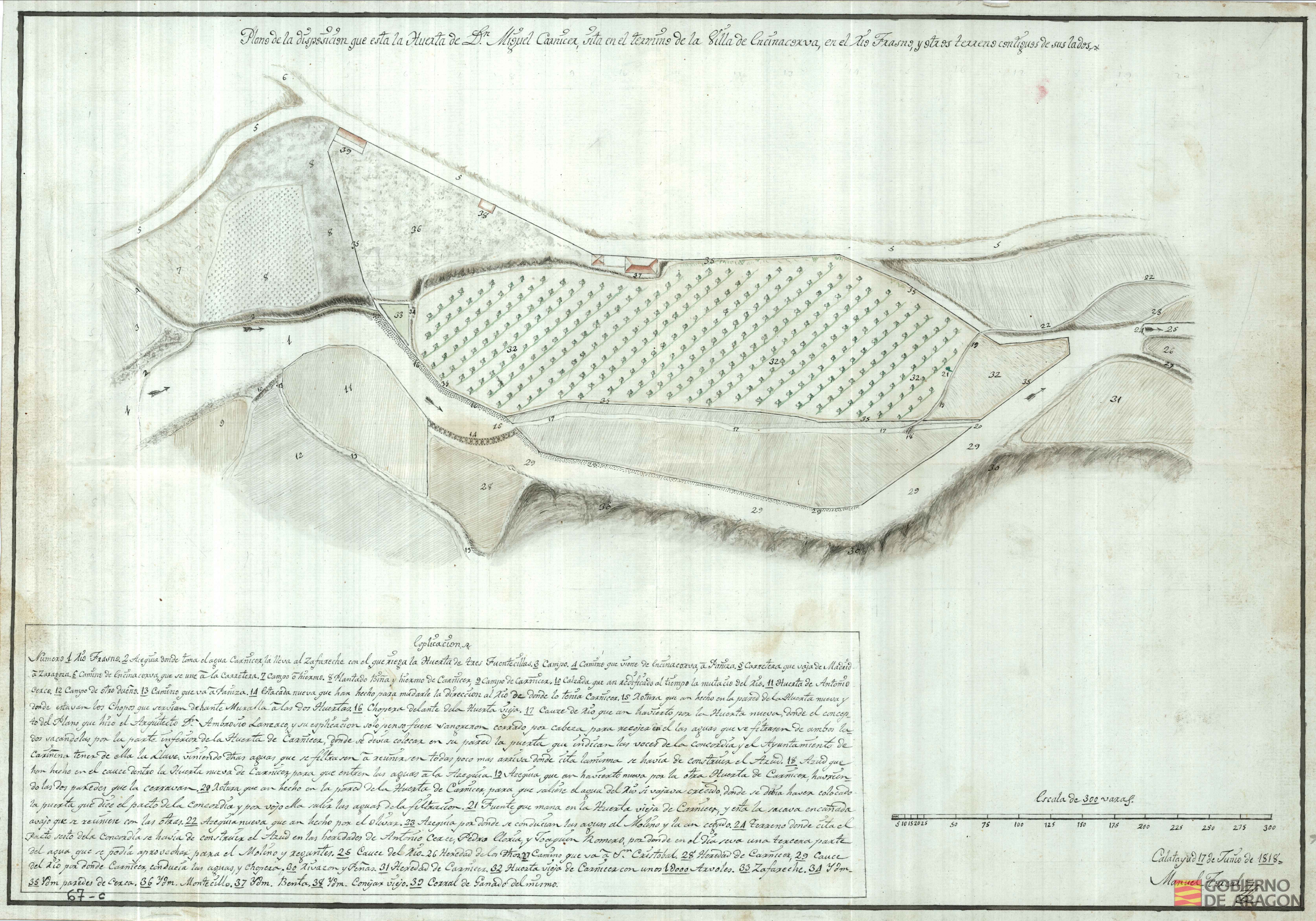 Plano de la disposición que está la Huerta de Don Miguel Carnicer sita en el término de la villa de Encinacorva, en el río Frasno, y otros terrenos contiguos de sus lados. Firmado por Manuel Torcal. Encinacorba (Zaragoza)