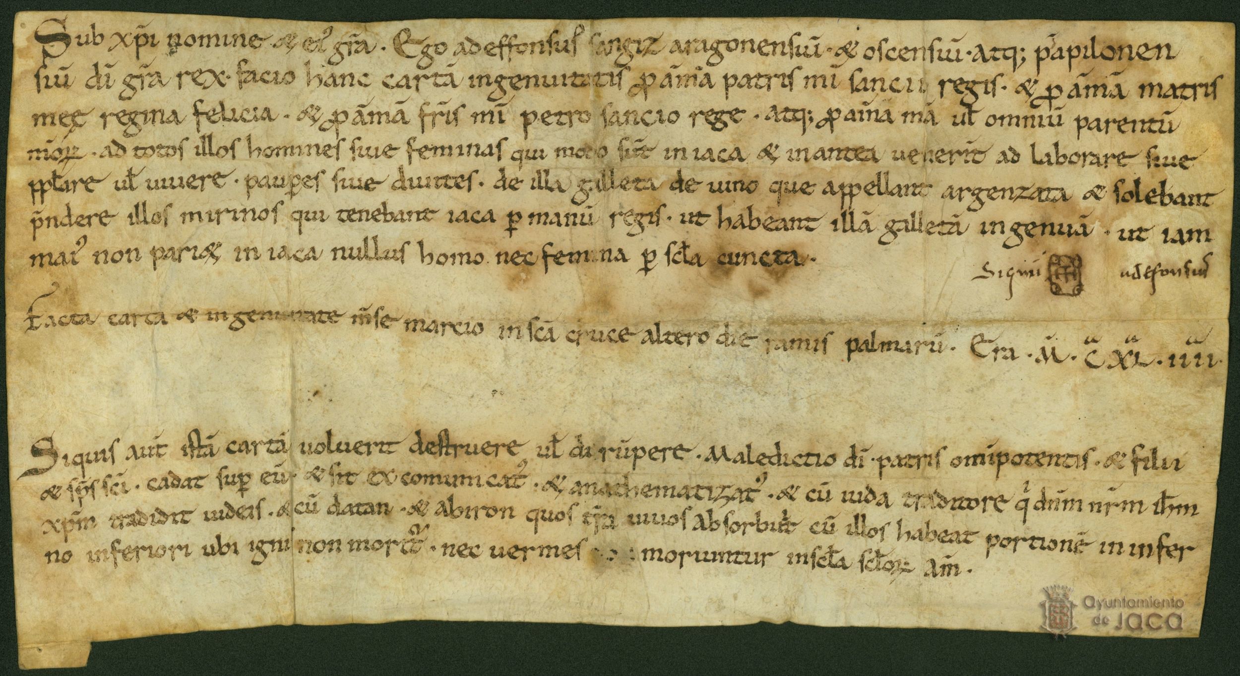 Alfonso I el Batallador, rey de Aragón y Pamplona, concede ingenuidad del impuesto de la galleta del vino a todos los vecinos de Jaca