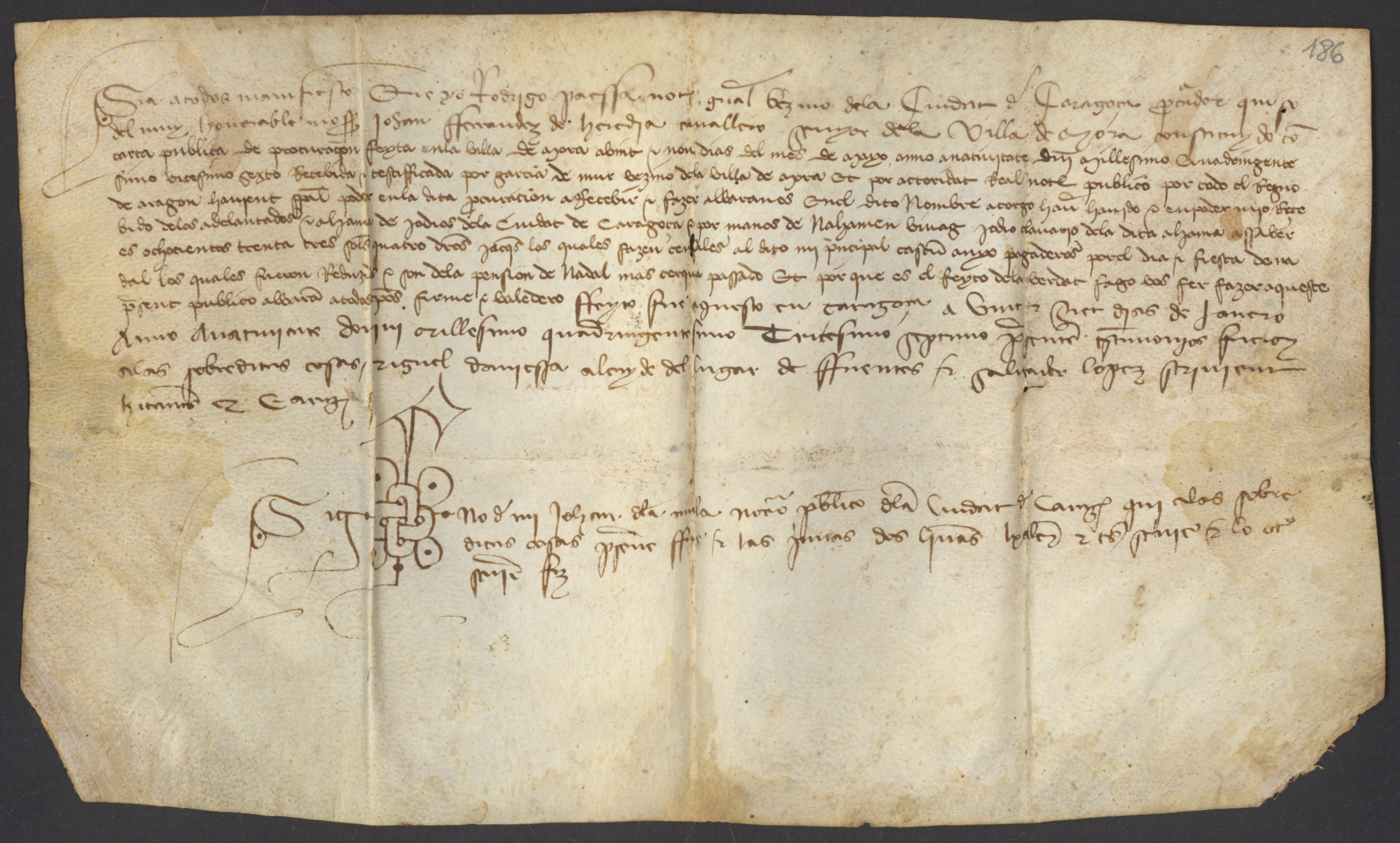 Ápoca expedida por Juan Fernández de Heredia, señor de Mora de Rubielos, por el que reconoce haber recibido de Nahamen Bibac, adelantado de la aljama de judíos de Zaragoza, la cantidad de 830 sueldos y 4 dineros jaqueses que se debían por la pensión anual de un censal