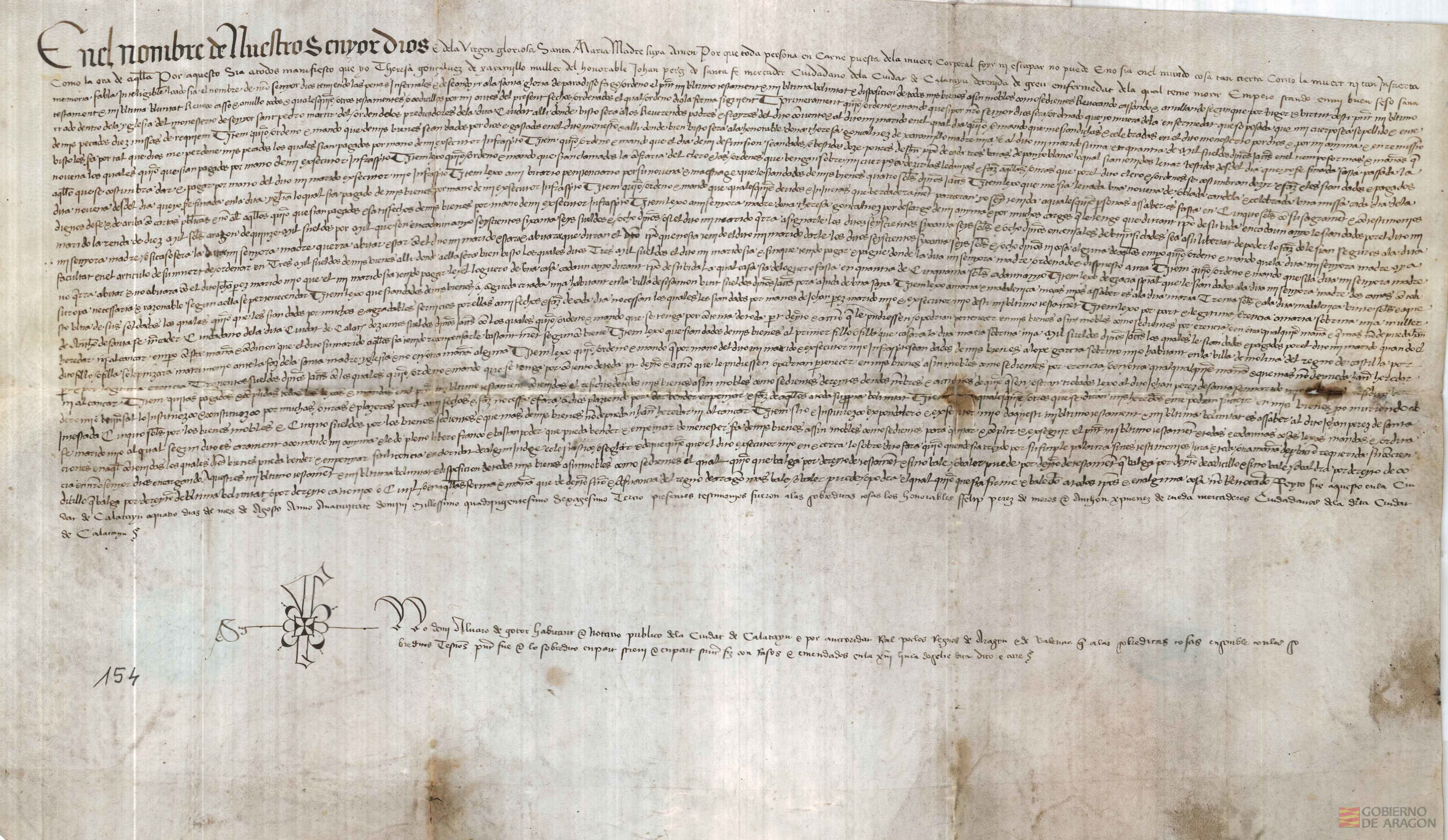 Teresa Gonzálvez de Jaramillo,mujer del honorable Juan Pérez de Santa Fé,mercader de Calatayud,otorga su último testamento,anulando todos los que había hecho anteriormente,ante Alvaro Gotor,notario público de Calatayud