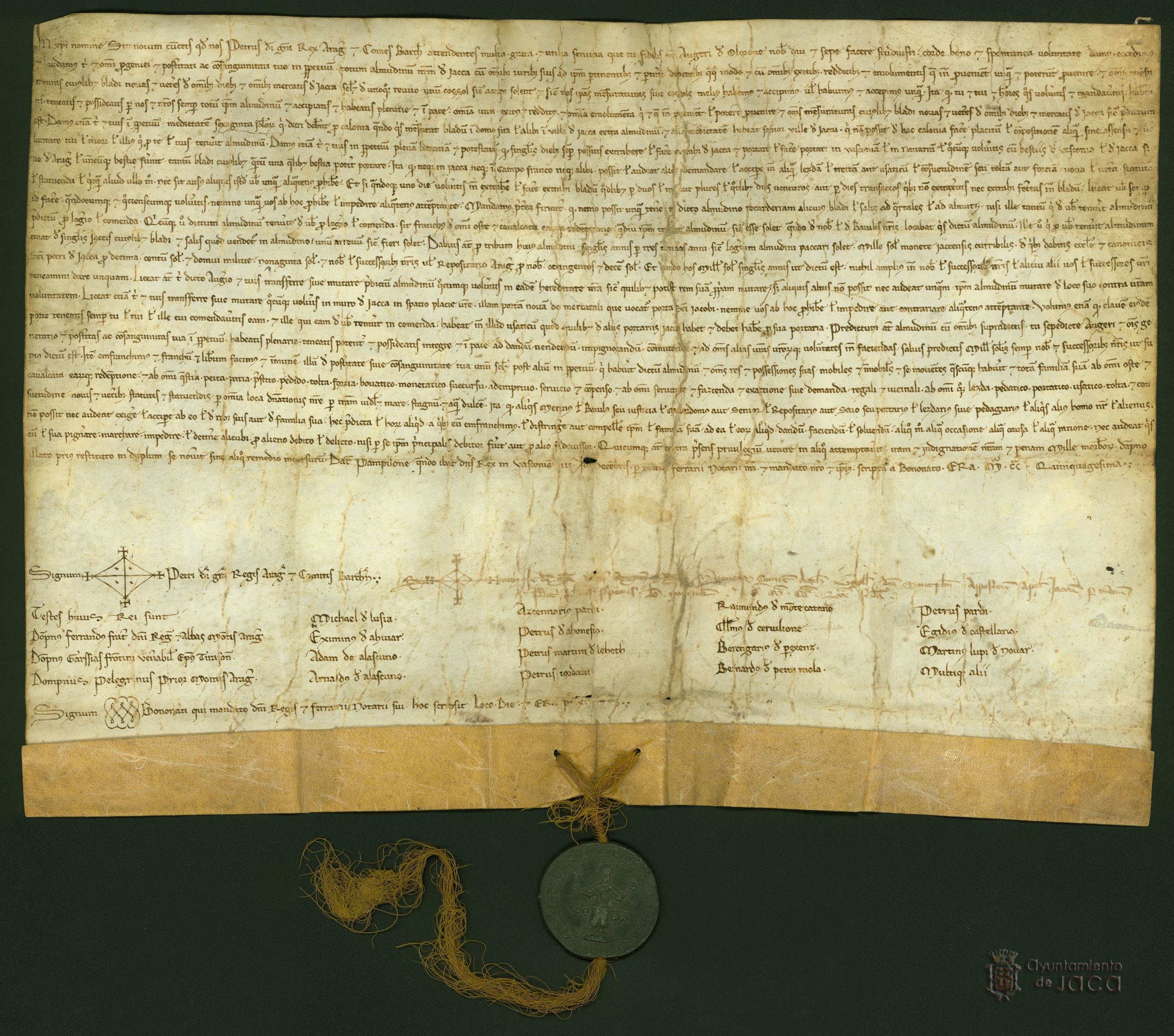 Pedro II, rey de Aragón, concede a Auger de Olorón y su posteridad, todo el almudín de Jaca con sus derechos, además de otros beneficios y privilegios a cambio de que le pague mil sueldos anuales