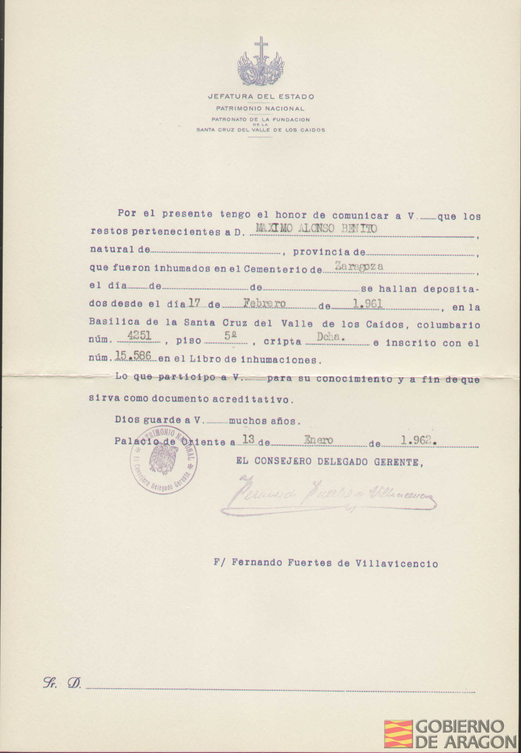 Traslado al Valle de los Caídos de los restos mortales de Máximo Alonso Benito el día 17 de febrero de 1961