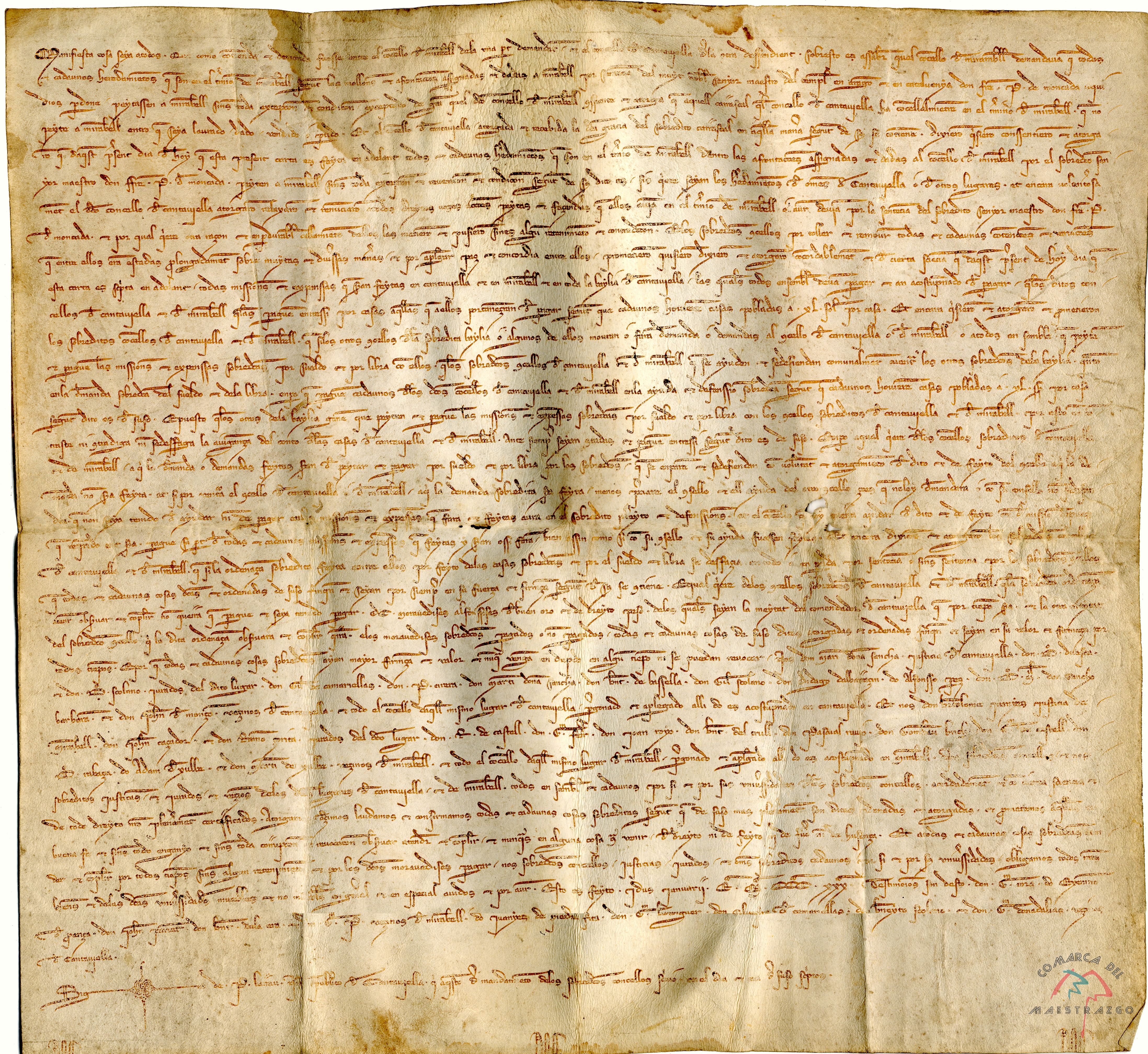 Orden dada, a petición del Concejo de Mirambel, por don Pedro de Moncada, maestro del Temple en Aragón y Cataluña, para que todos los que posean heredades en el término de Mirambel paguen la pecha a ese Concejo.