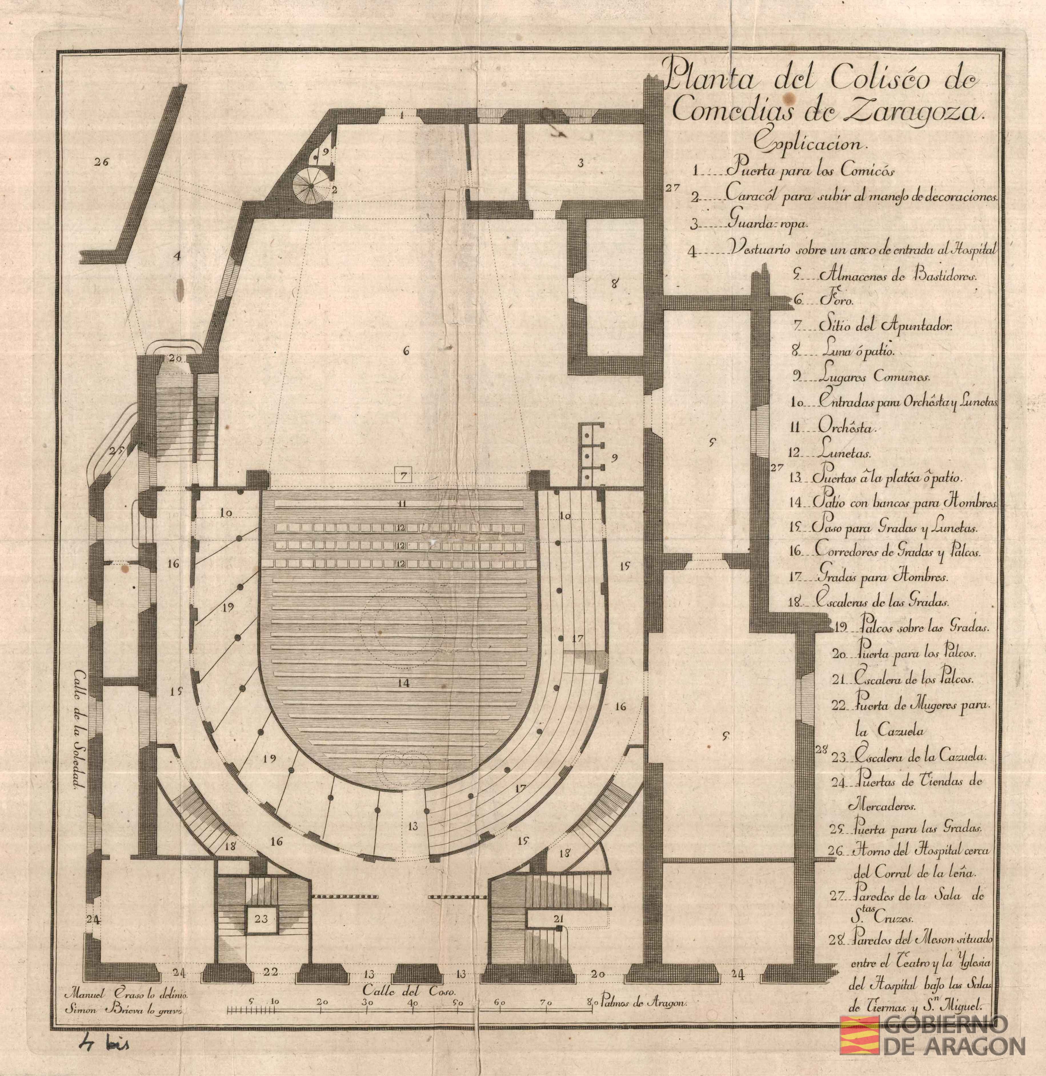 Planta del Coliseo de Comedias de Zaragoza. Manuel Craso lo delineó, Simón Brieva lo grabó. Zaragoza (Zaragoza)