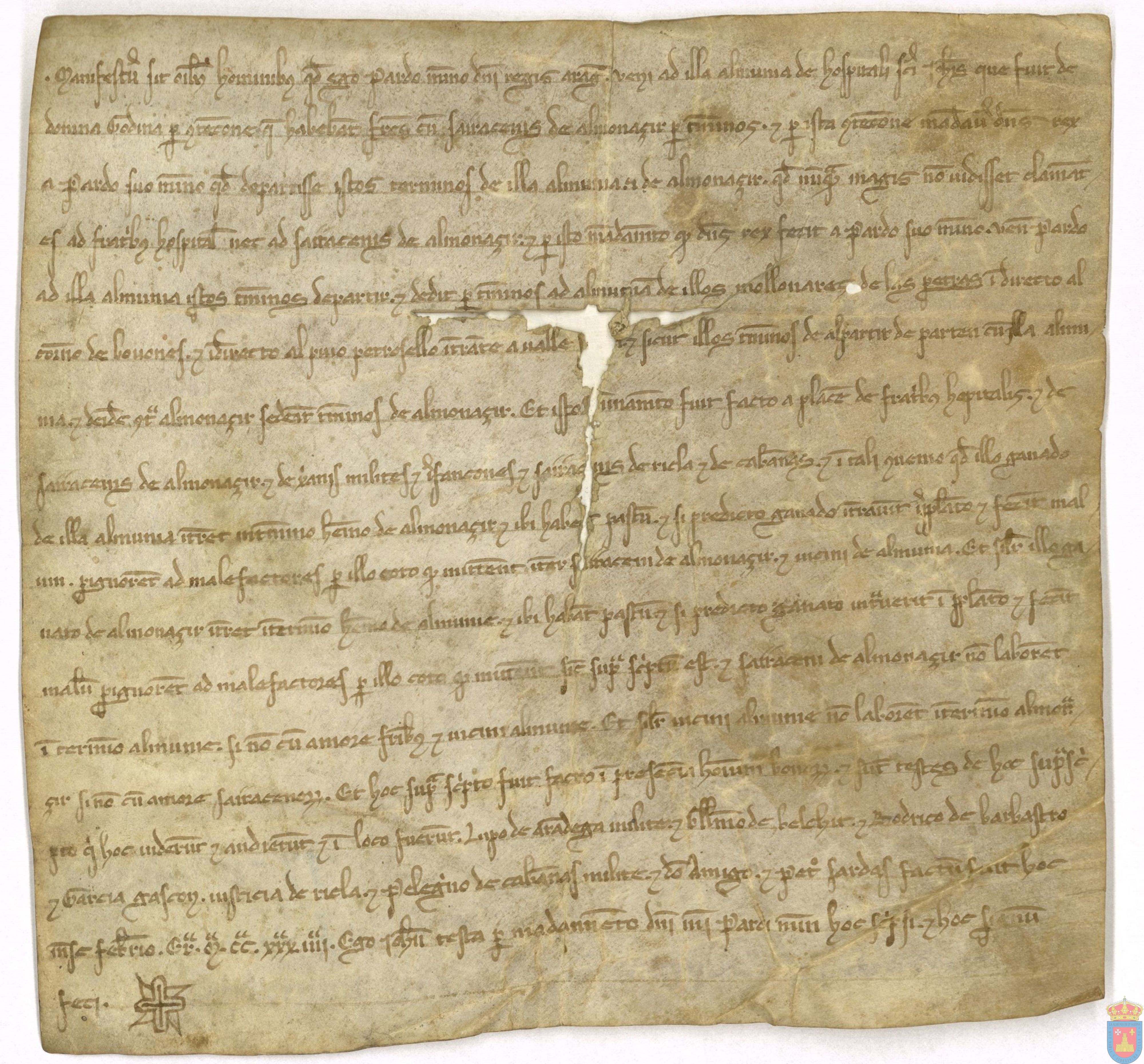 Pardo, merino de Alfonso II, rey de Aragón, limita los términos de La Almunia de Doña Godina con la aljama mora de Almonacid y dispone mutuo uso de pastos en yermo y labrantío de ambos pueblos en sus respectivos términos.