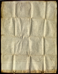 Simón, abad de San Victorián, confirma un privilegio expedido por el abad Rodrigo del mismo monasterio en 1324, en el que se copiaban y ratificaban dos franquicias concedidas a la villa de Graus en 1069 y 1266