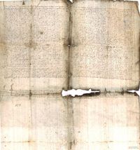 Traslado auténtico de la carta de población otorgada en 1091 por el rey Sancho Ramírez a los pobladores de El Castellar, con las confirmaciones reales posteriores, realizado por la corte del Justicia de Aragón, Ferrer de Lanuza