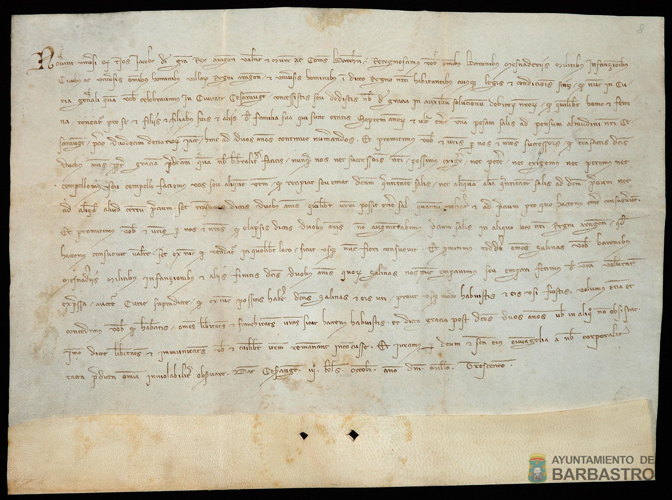 Jaime II de Aragón ordena que para costear sus deudas los habitantes del reino de Aragón mayores de siete años compren durante dos años seguidos una pesa de sal según la medida del almudí de Zaragoza al precio de 12 dineros jaqueses. Asimismo, establece una serie de medidas compensatorias.