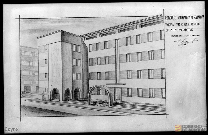 Dibujo perspectivo para el concurso de viviendas de renta reducida firmado por Pecanut