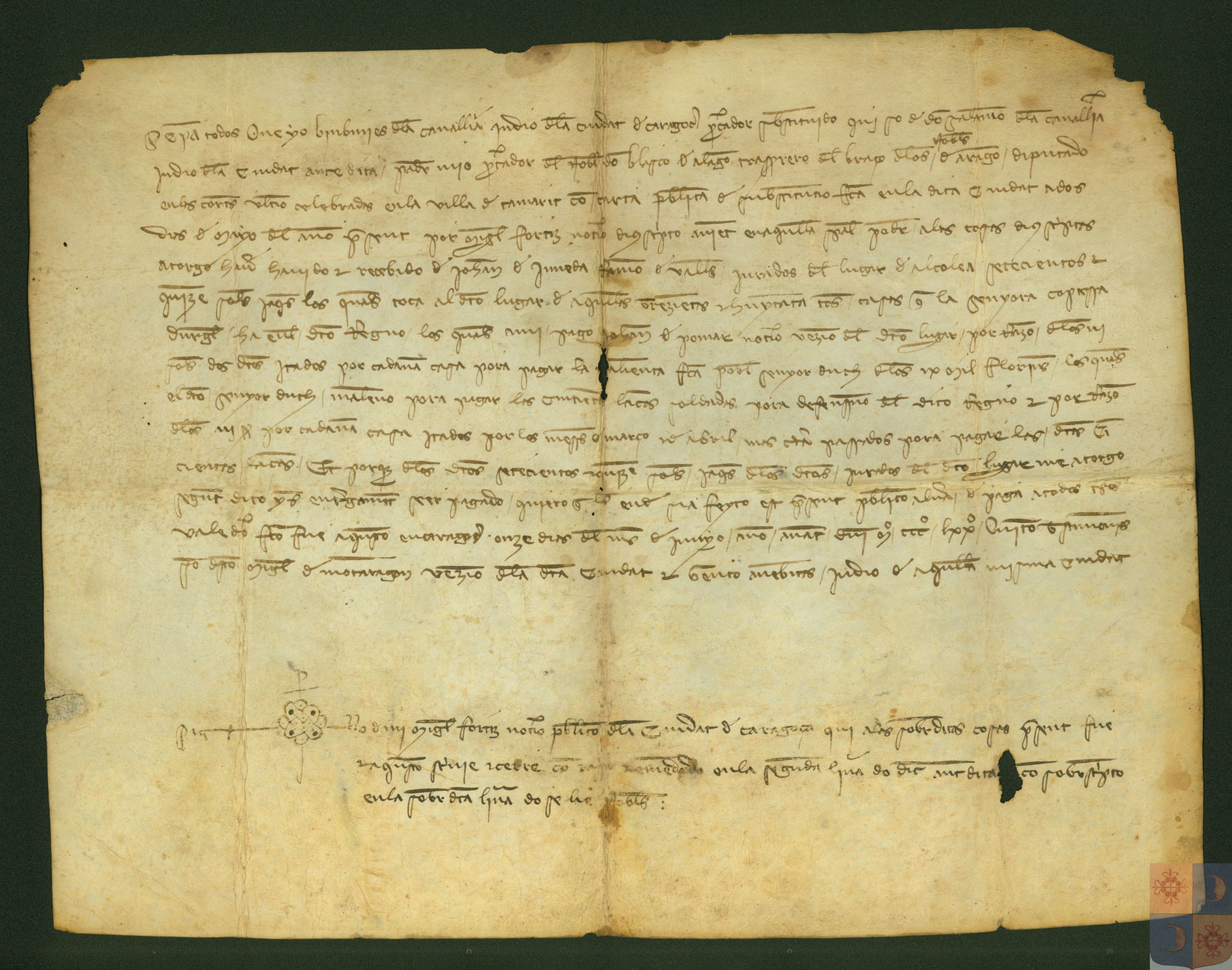Carta de pago de 715 sueldos jaqueses otorgada Bienviniés de la Caballería, judío de Zaragoza, como procurador de Blasco de Alagón, diputado por el brazo nobiliar en las Cortes de Tamarite, a favor de los jurados del lugar de Alcolea de Cinca, por lo que le corresponde pagar por diversos conceptos que en ella se detallan