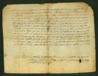Carta de pago de 715 sueldos jaqueses otorgada Bienviniés de la Caballería, judío de Zaragoza, como procurador de Blasco de Alagón, diputado por el brazo nobiliar en las Cortes de Tamarite, a favor de los jurados del lugar de Alcolea de Cinca, por lo que le corresponde pagar por diversos conceptos que en ella se detallan