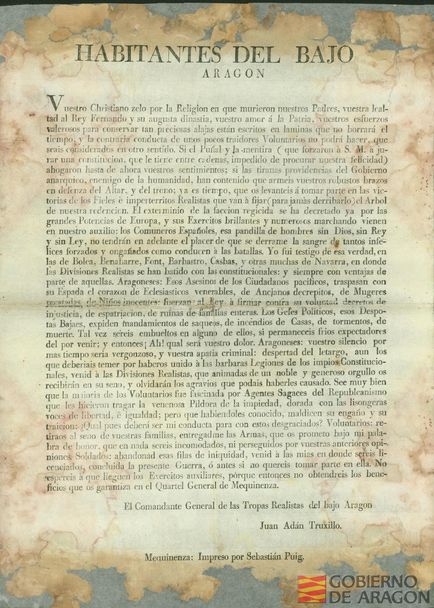 Bando de Juan Adán Trujillo, comandante general de las tropas realistas, dirigido a los habitantes del Bajo Aragón