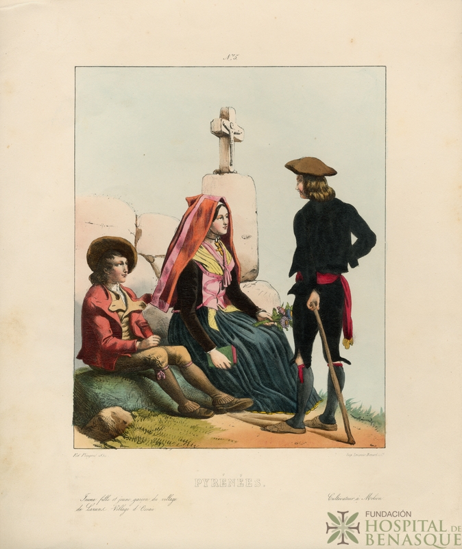 "Nº 5. Pyrénées. Jeune fille et jeune garçon du village de Laruns. Village d'Ossau. Cultivateur à Moléon. Ed. Pingret, 1834. Imp. Lemercier, Bernard et C."