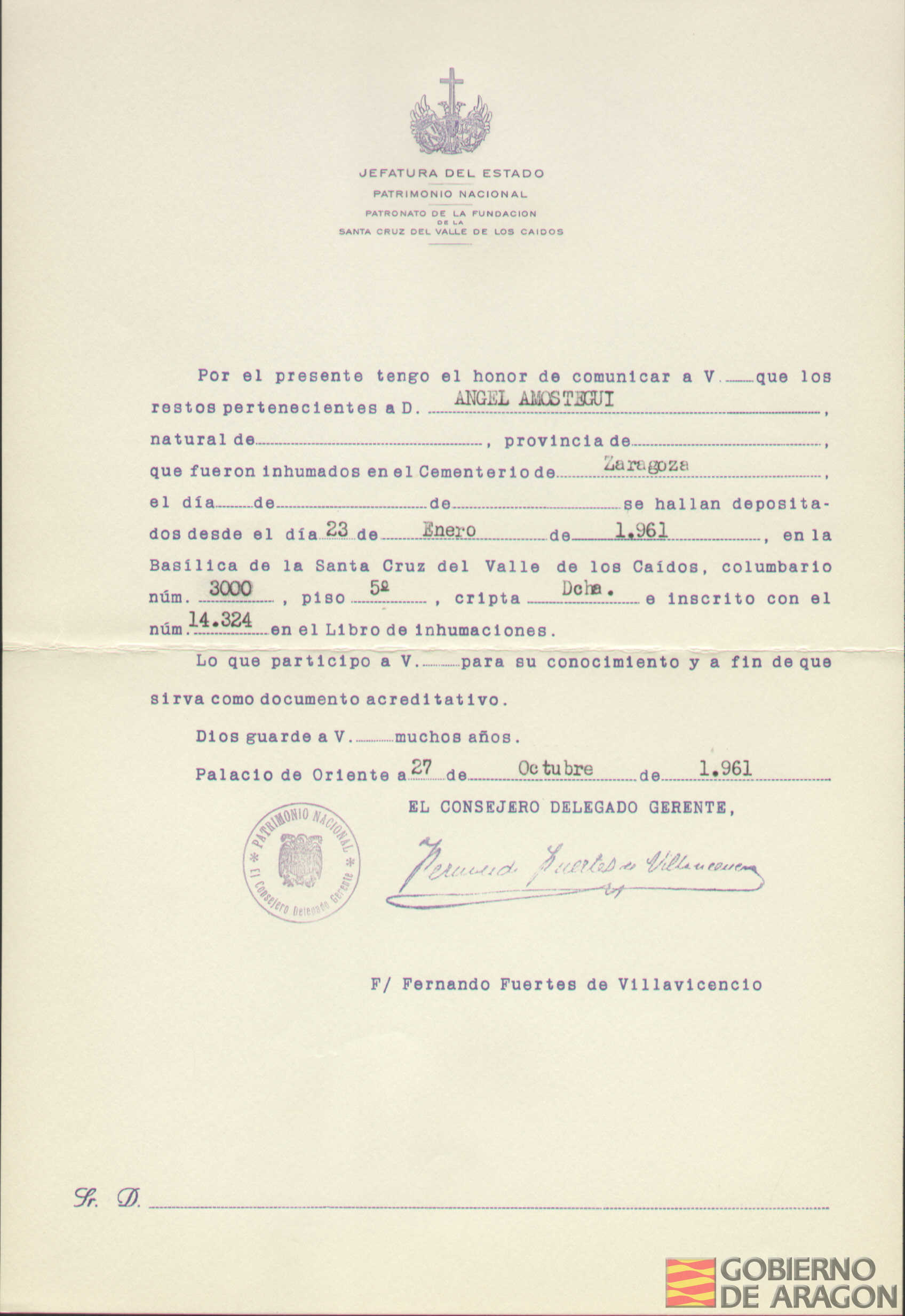 Traslado al Valle de los Caídos de los restos mortales de Ángel Amstegui el día 23 de enero de 1961